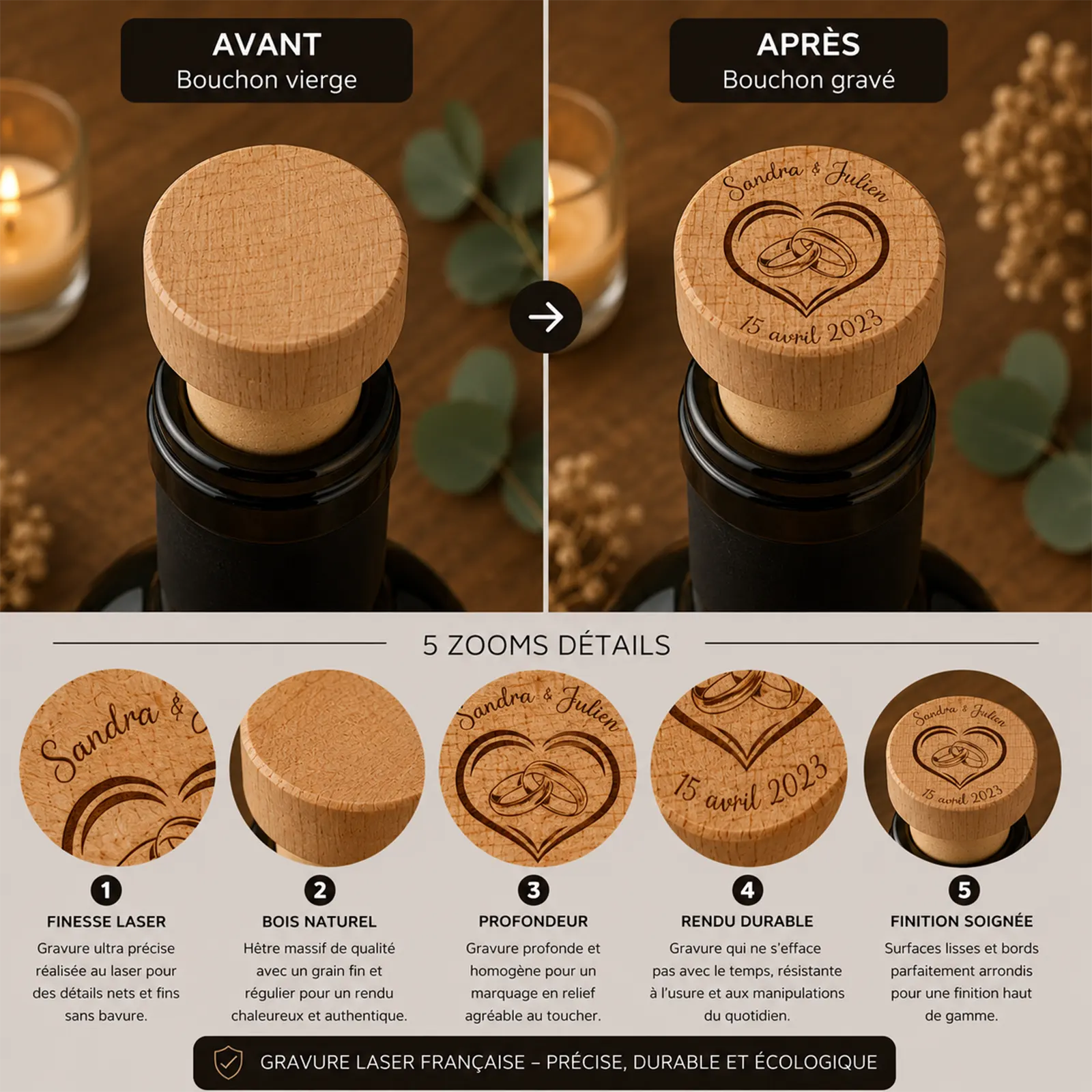 Comparaison avant/après d'un bouchon en bois, gravé de deux alliances dans un cœur, prénoms et date à personnaliser