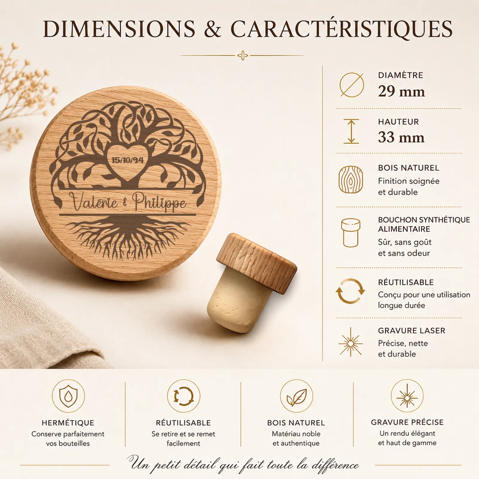Dessus rond d'un bouchon en bois gravé d'un arbre de vie, cœur daté et deux prénoms à personnaliser, base synthétique