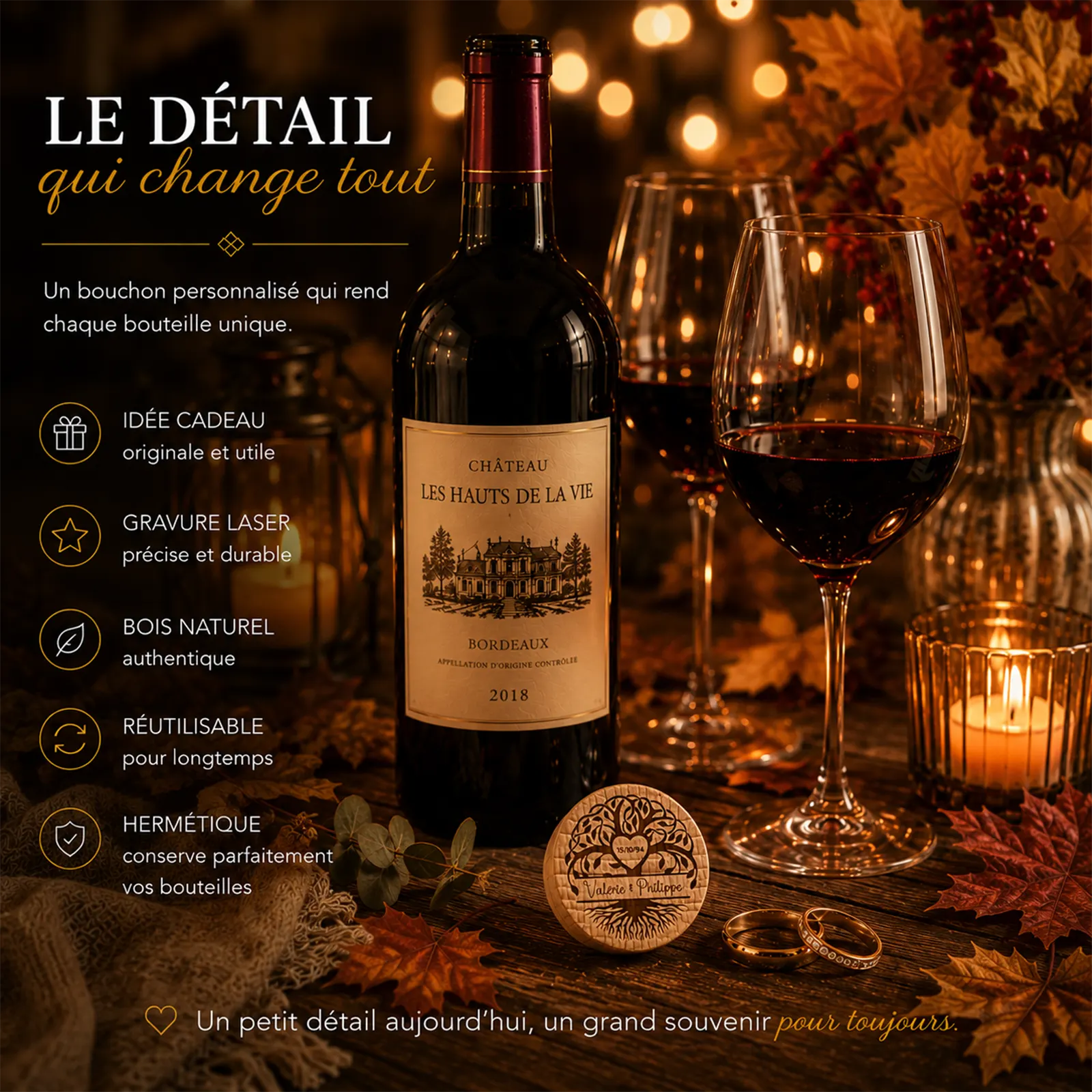Bouchon en bois gravé d'un arbre de vie posé près d'une bouteille de vin rouge, verres et alliances dorées
