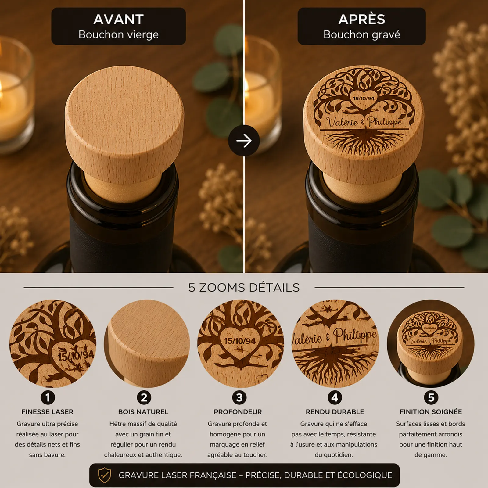 Comparatif avant après d'un bouchon en bois, vierge puis gravé d'un arbre de vie avec prénoms et date à personnaliser