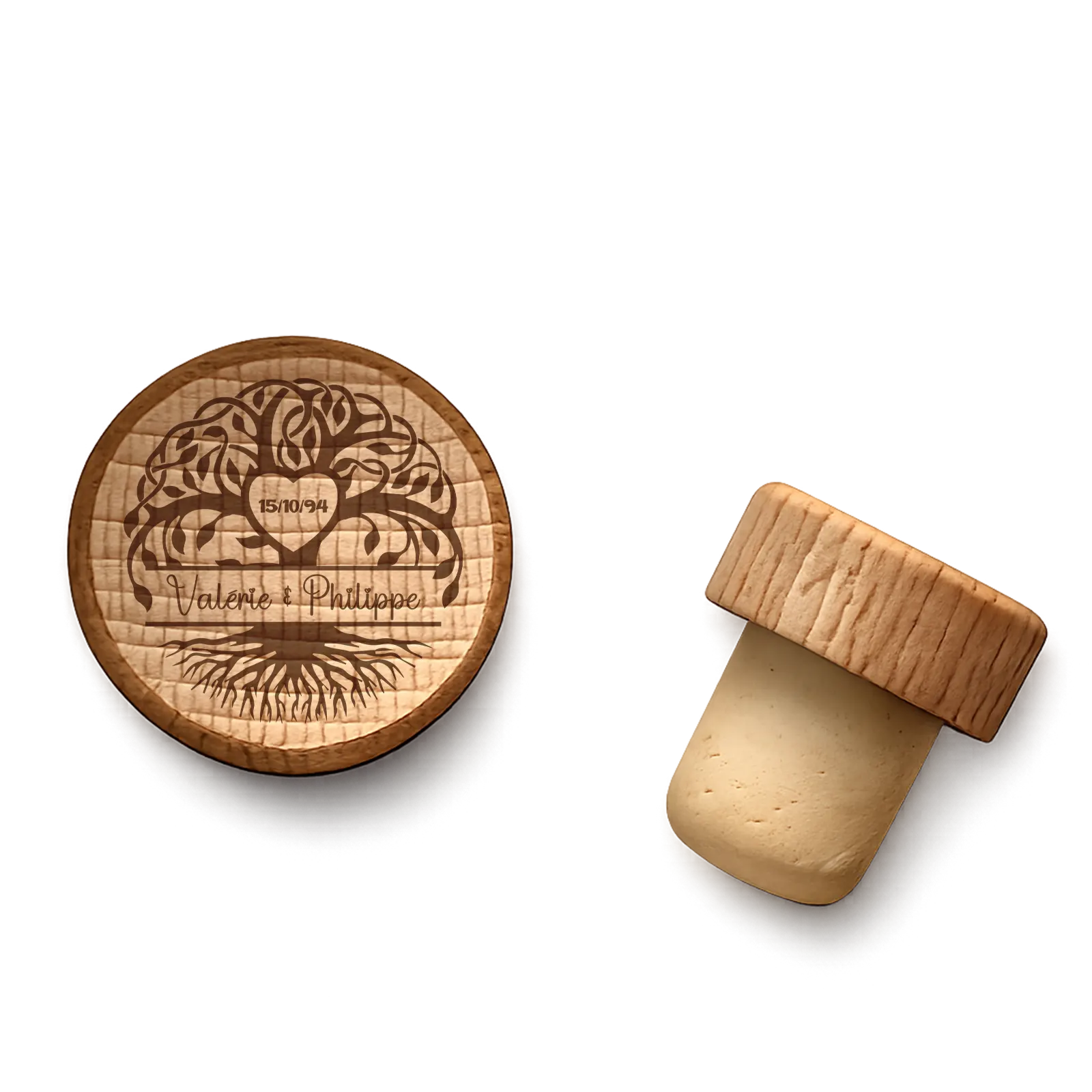 Bouchon de bouteille en bois gravé d'un arbre de vie avec prénoms et date à personnaliser dans un cœur