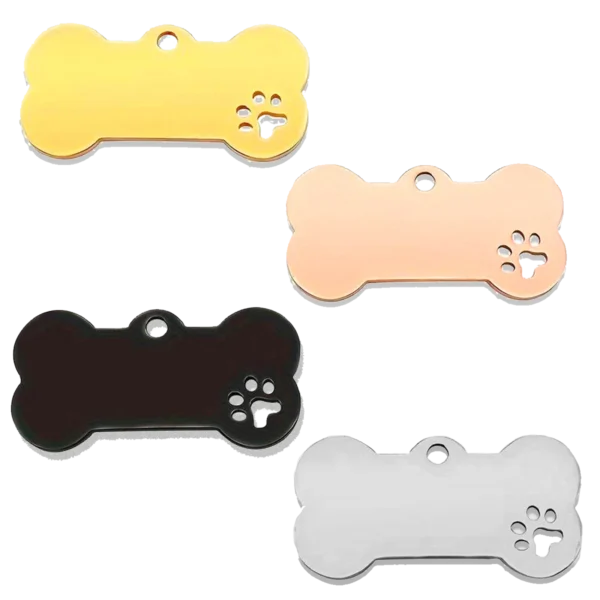 Médailles pour animaux en forme d'os à graver, découpe en forme de patte, coloris doré, or rose, noir et argenté