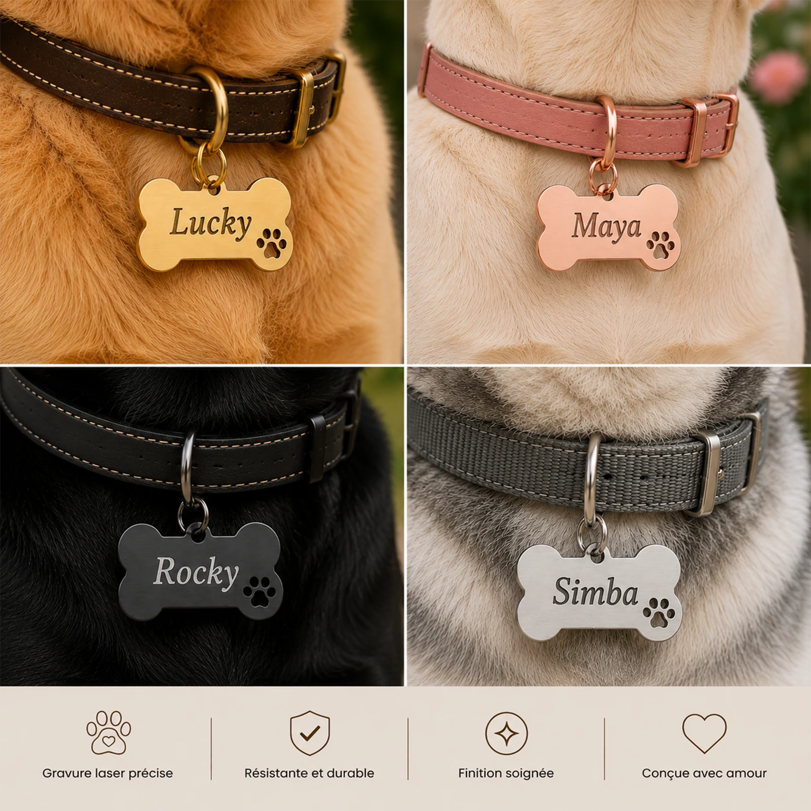 Médaillons os gravés au laser portés au collier par différents chiens, versions or, or rosé, noir et argent avec prénoms