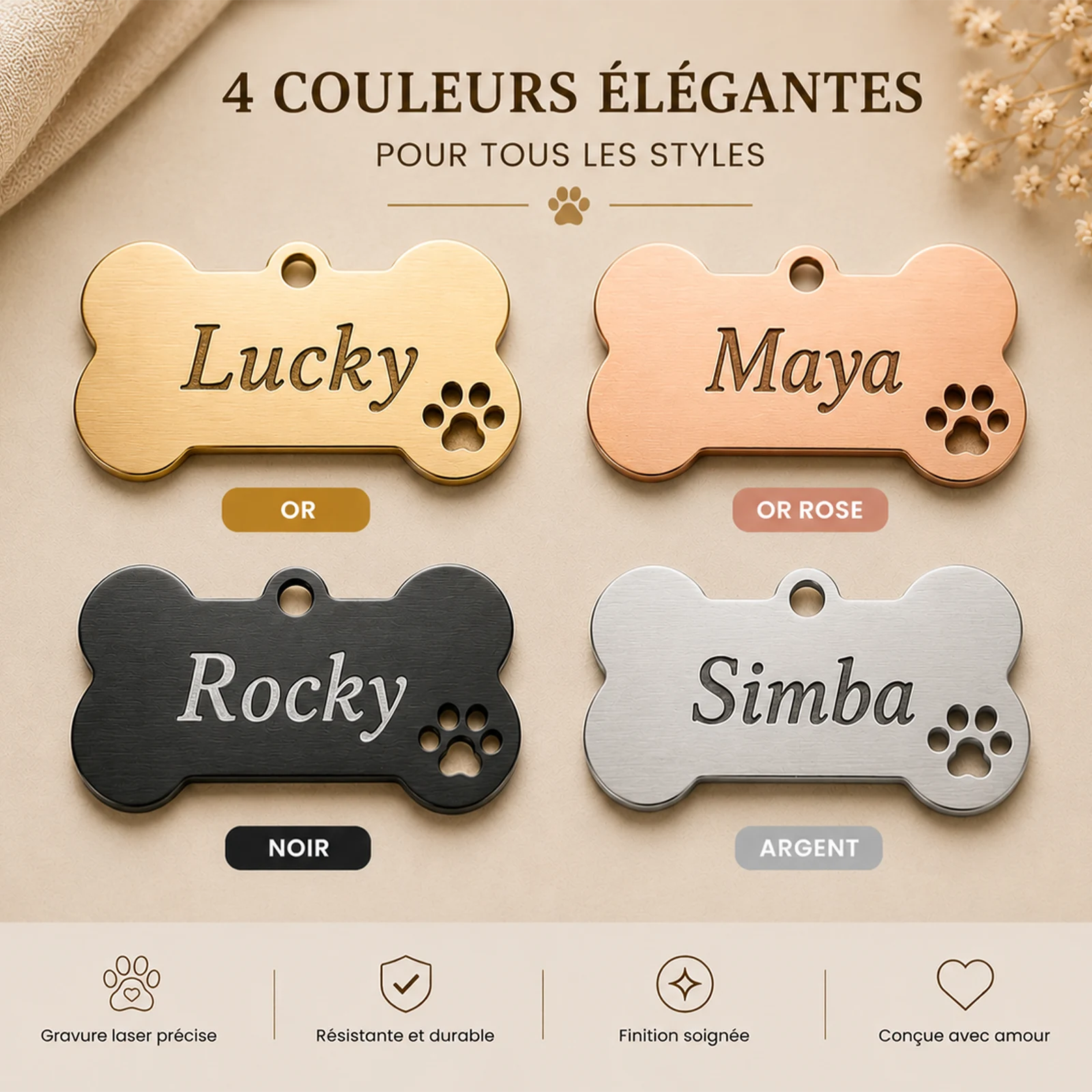 Quatre médaillons os gravés au laser en or, or rosé, noir et argent, chacun avec un prénom et une empreinte de patte ajourée