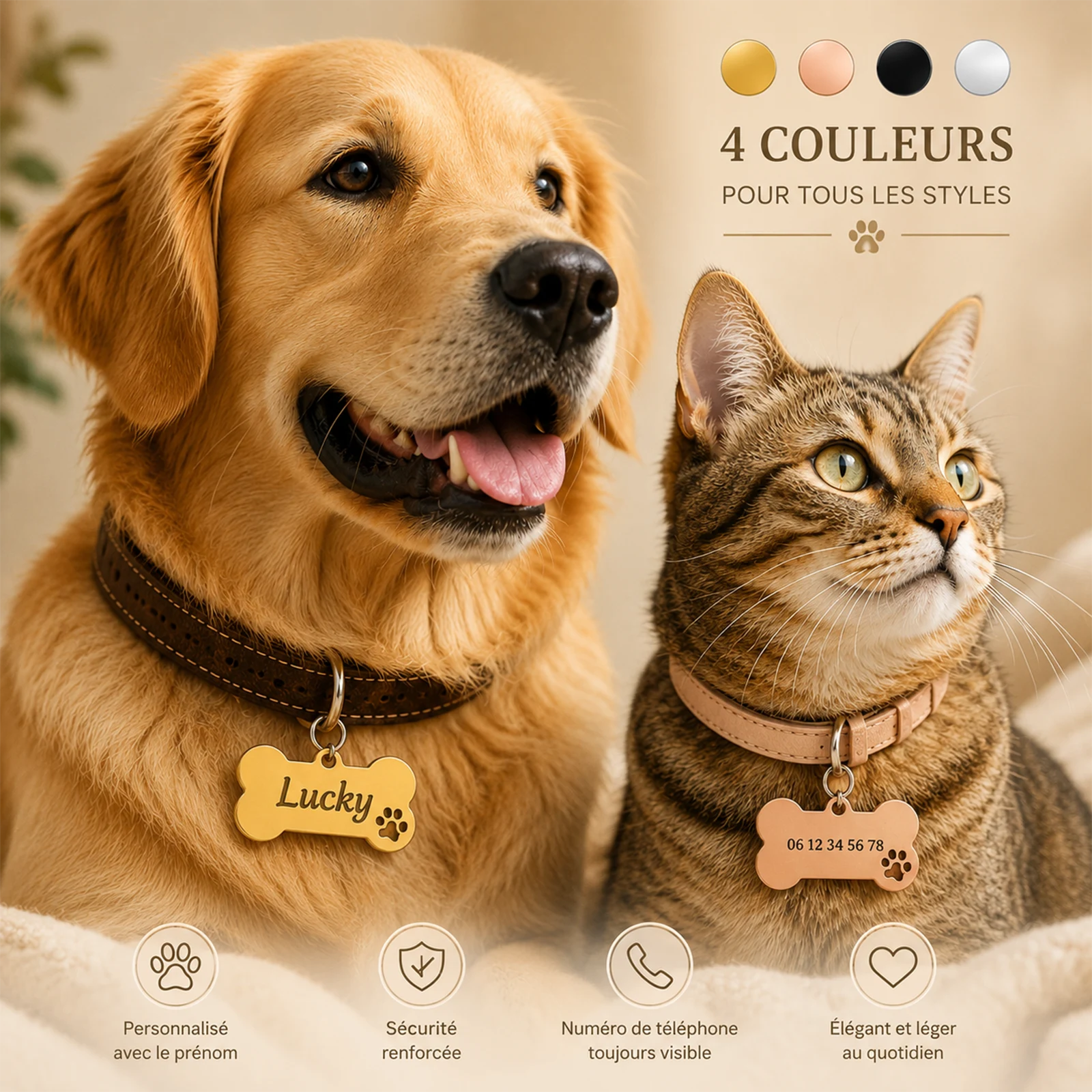 Chien golden retriever et chat tigré portant chacun un médaillon os gravé au collier, prénom Lucky et numéro de téléphone