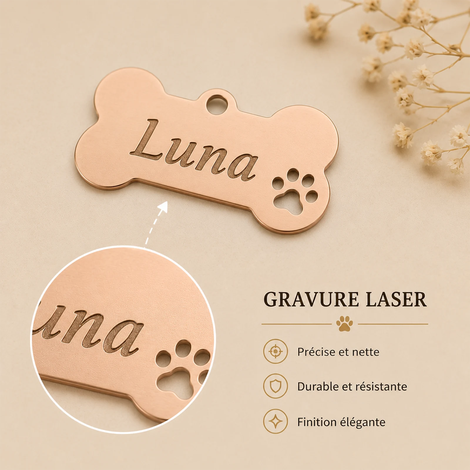 Médaillon animal en forme d'os doré rosé, gravé au laser du prénom Luna avec empreinte de patte ajourée, prénom à personnaliser