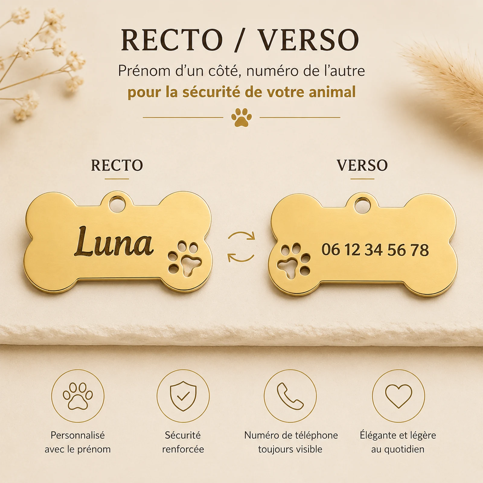 Médaillon os doré recto verso gravé au laser, prénom Luna d'un côté et numéro de téléphone de l'autre, empreinte de patte ajourée