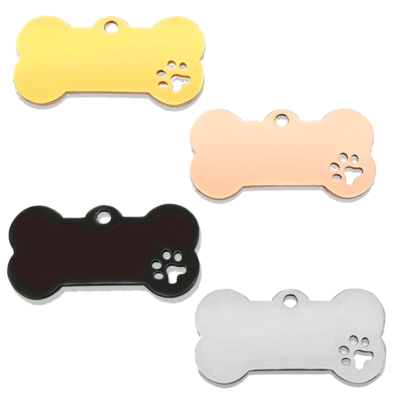 Médailles pour animaux en forme d'os à graver, découpe en forme de patte, coloris doré, or rose, noir et argenté
