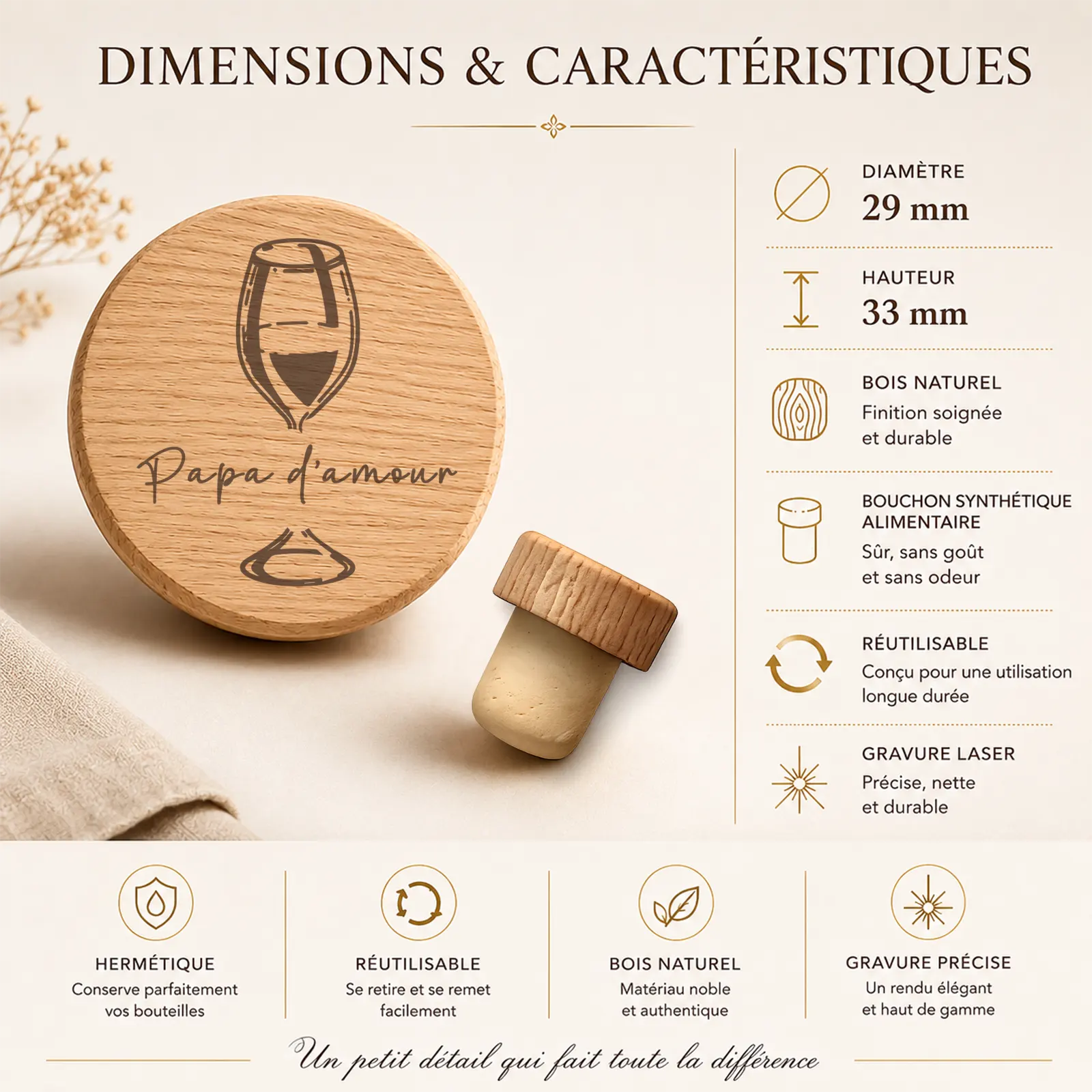 Vue rapprochée du bouchon en bois gravé d'un verre à vin, mention Papa d'amour à personnaliser, et de son embout