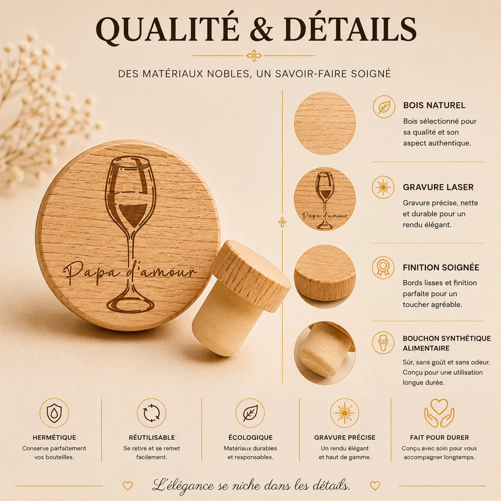 Bouchon de bouteille en bois gravé d'un verre de vin et de la mention Papa d'amour à personnaliser, avec son embout