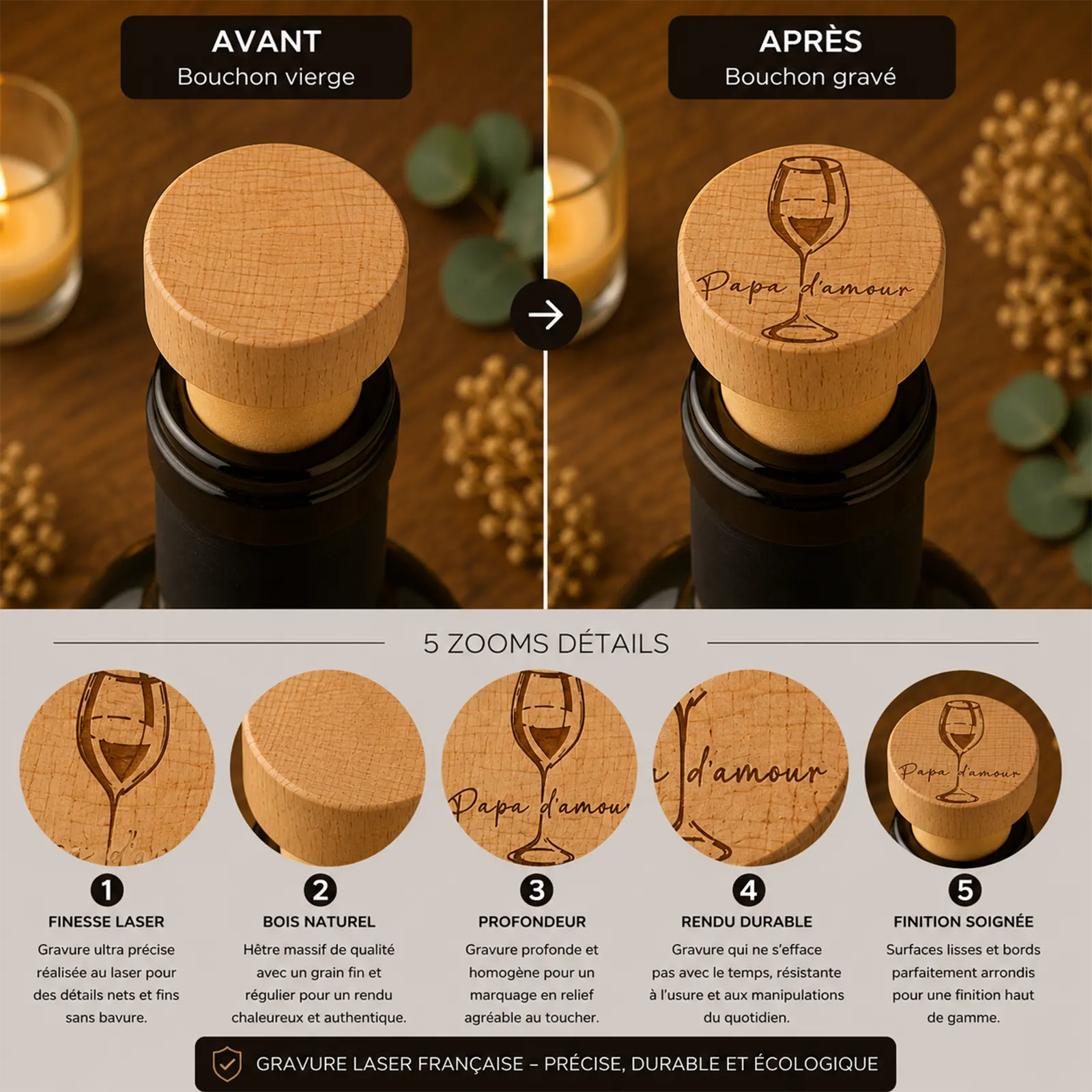 Comparaison avant/après: bouchon en bois vierge puis gravé d'un verre de vin et de la mention Papa d'amour à personnaliser