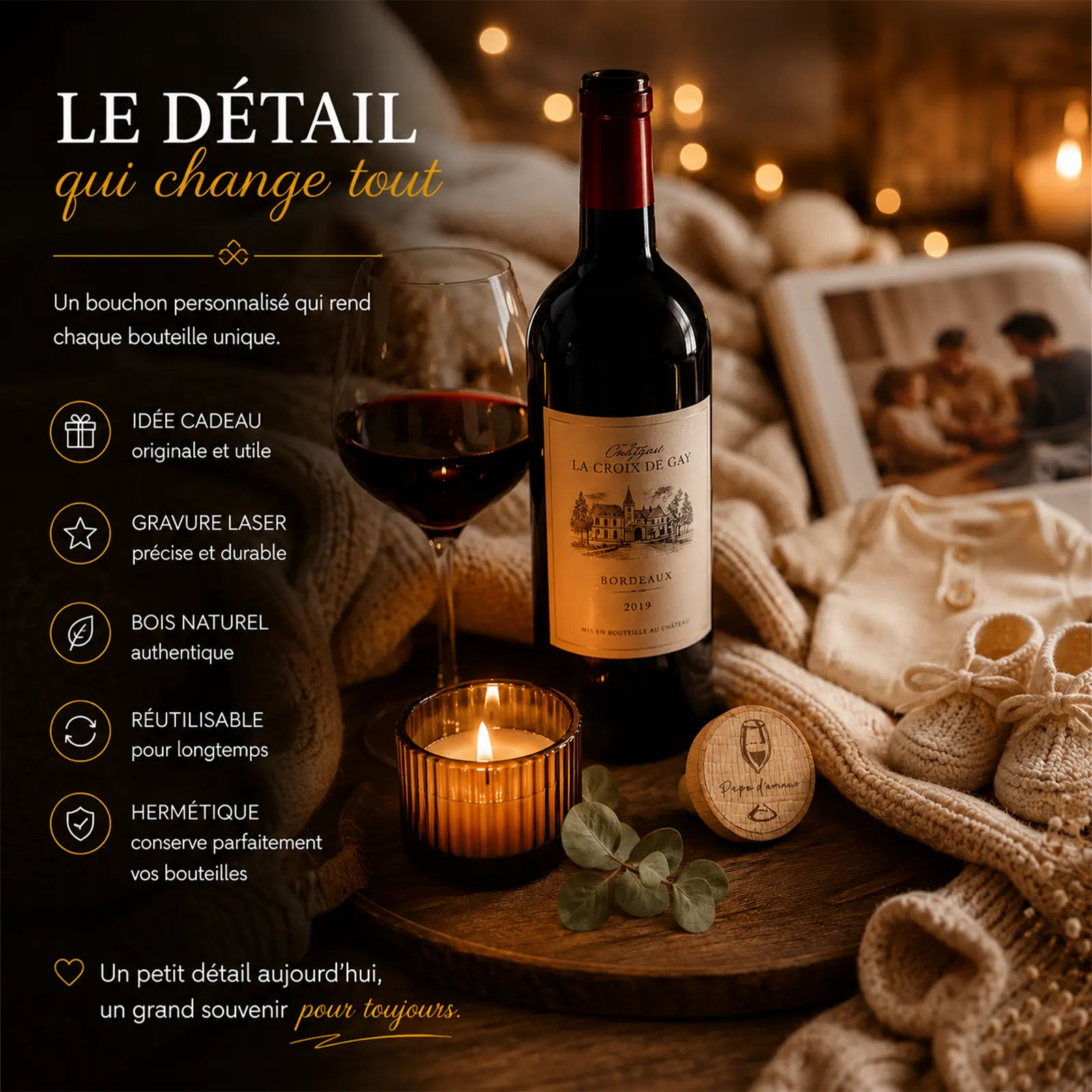 Ambiance cosy avec une bouteille de Bordeaux, un verre de vin rouge, une bougie et le bouchon en bois gravé Papa d'amour