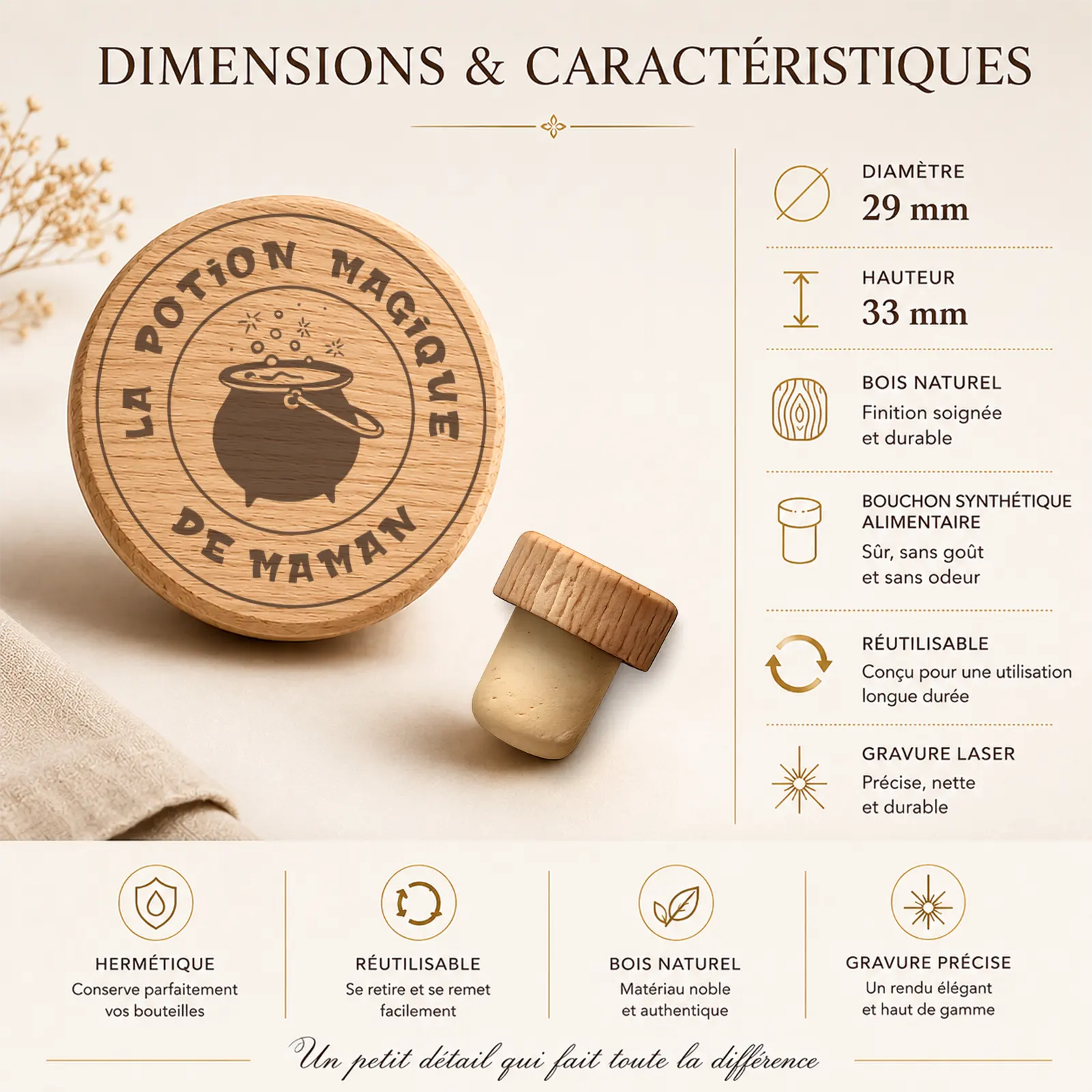 Dessus rond d'un bouchon en bois gravé d'un chaudron cerné du texte La potion magique de maman à personnaliser