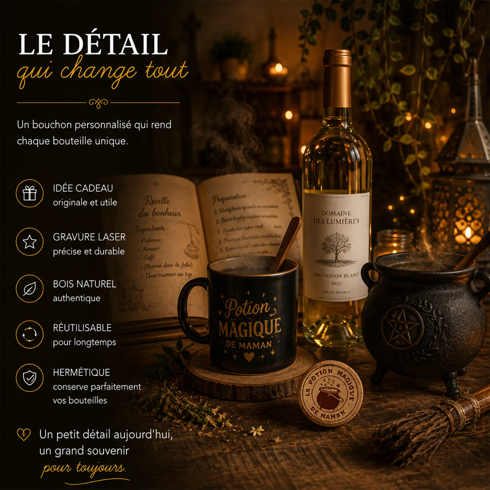Bouchon en bois gravé La potion magique de maman posé près d'une bouteille de vin blanc, d'un mug noir et d'un chaudron