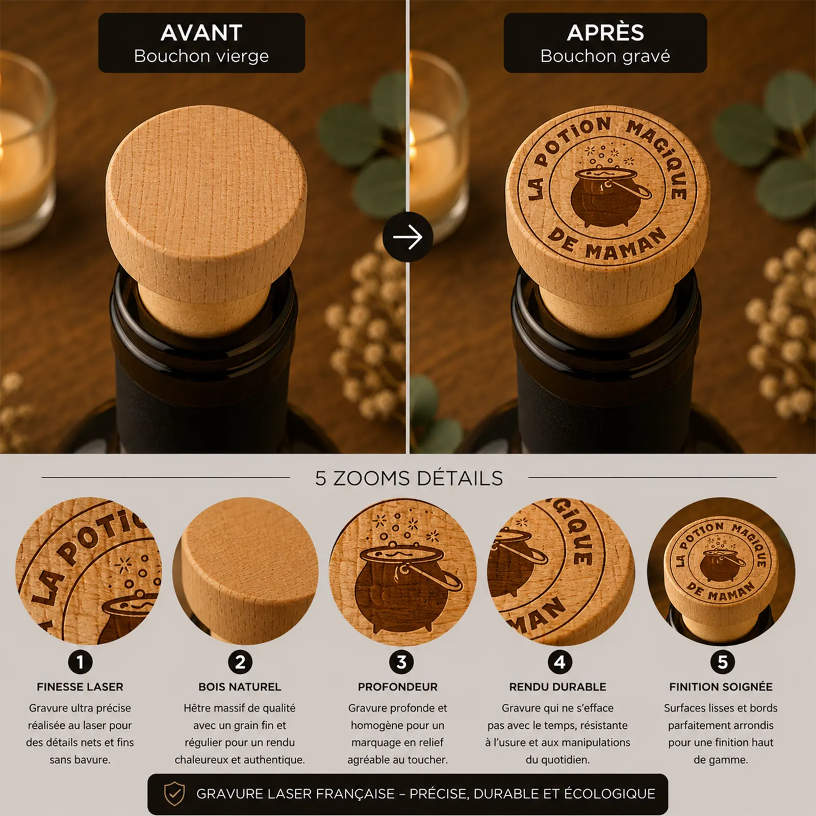 Comparatif avant après d'un bouchon en bois, vierge puis gravé d'un chaudron et du texte La potion magique de maman
