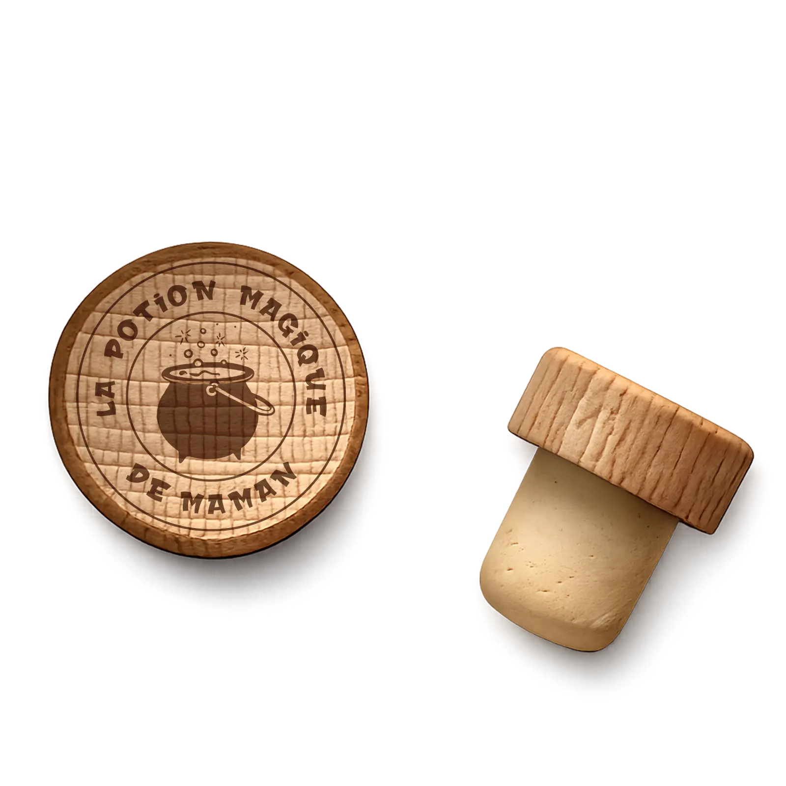 Bouchon de bouteille en bois gravé d'un chaudron de potion qui bouillonne, texte à personnaliser