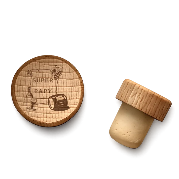 Bouchon de bouteille en bois gravé Super Papy avec bouteille, verre, tonneau et grappe de raisin, à personnaliser