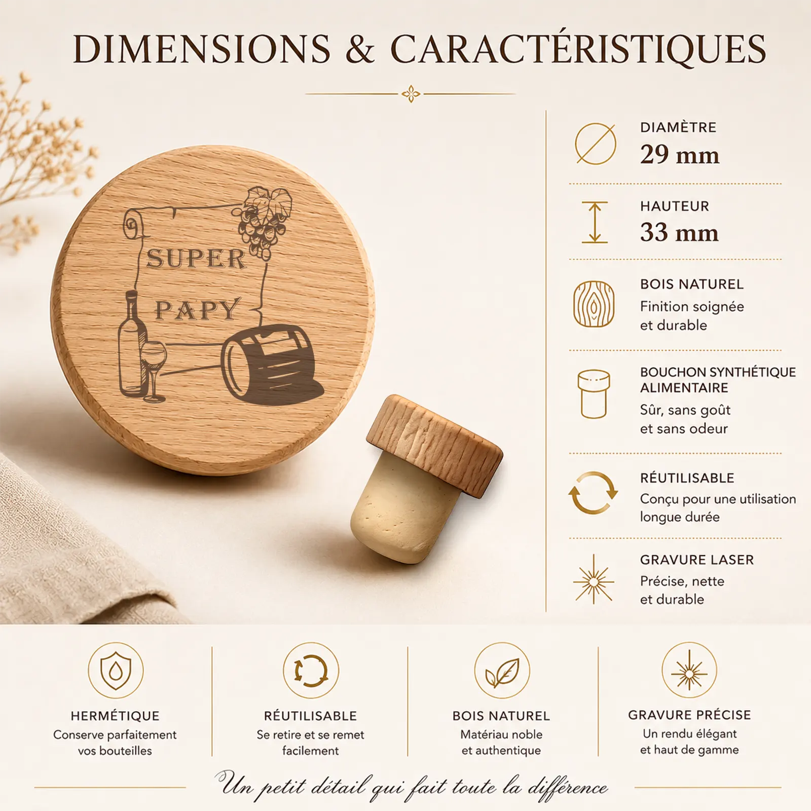Dessus rond d'un bouchon en bois gravé Super Papy sur un parchemin, avec bouteille de vin, verre et tonneau