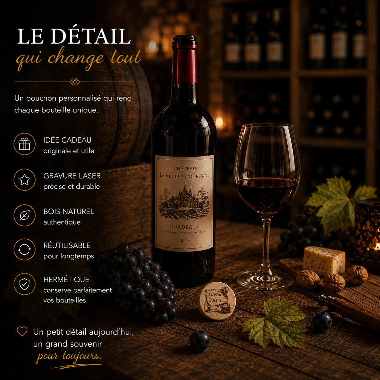 Bouchon en bois gravé Super Papy posé près d'une bouteille de vin rouge de Bordeaux, d'un verre et d'une grappe de raisin