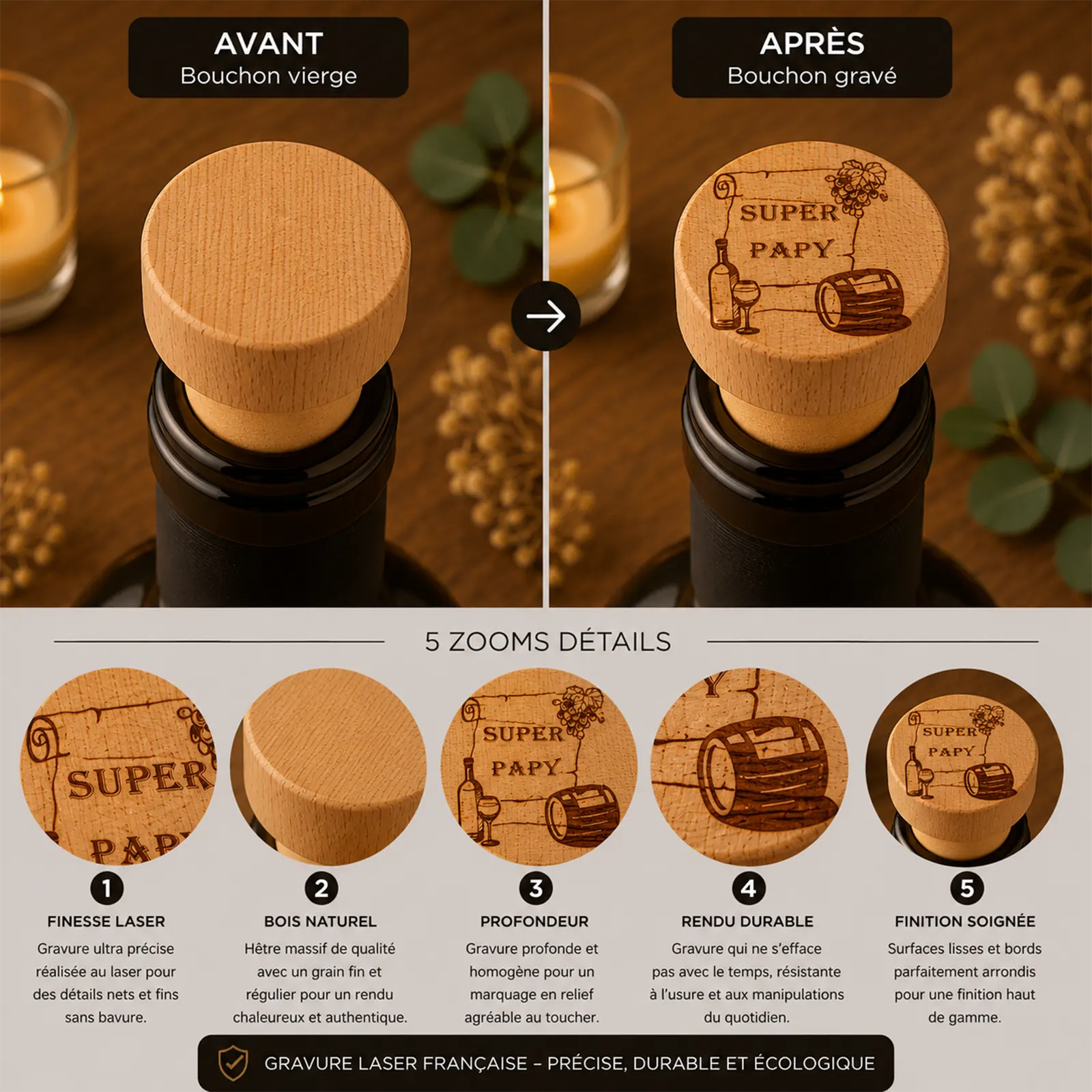 Comparatif avant après d'un bouchon en bois, vierge puis gravé d'un parchemin Super Papy avec bouteille, verre et tonneau