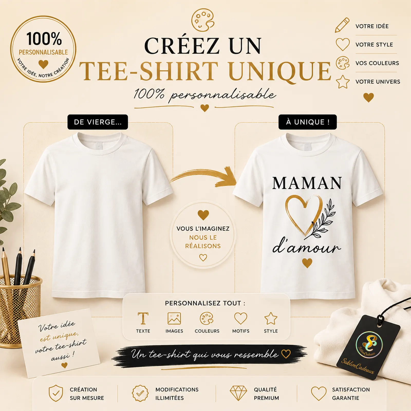 Deux tee-shirts blancs côte à côte, l'un vierge, l'autre imprimé d'un cœur doré à personnaliser
