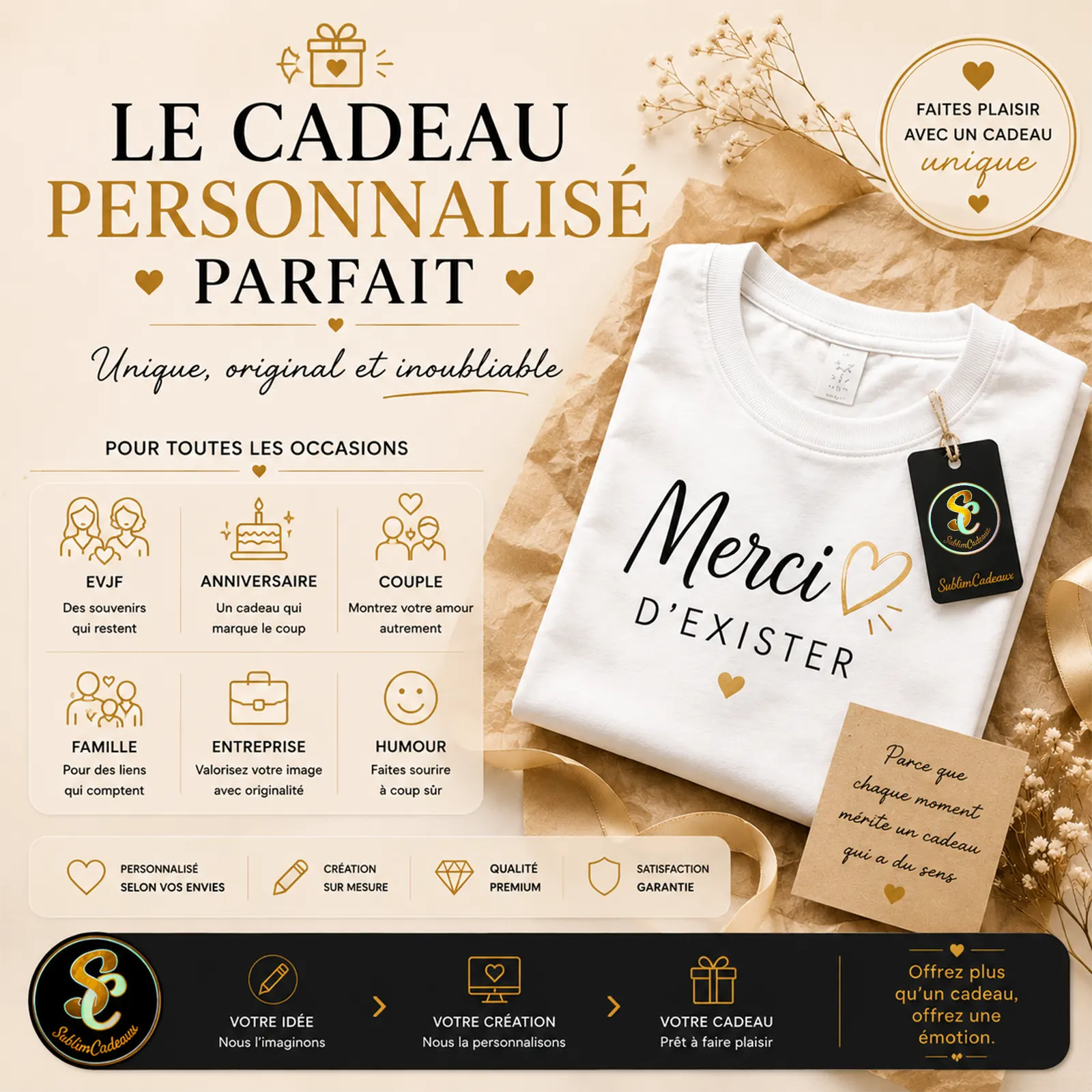 Tee-shirt blanc plié orné du texte « Merci d'exister » et d'un cœur doré, à personnaliser