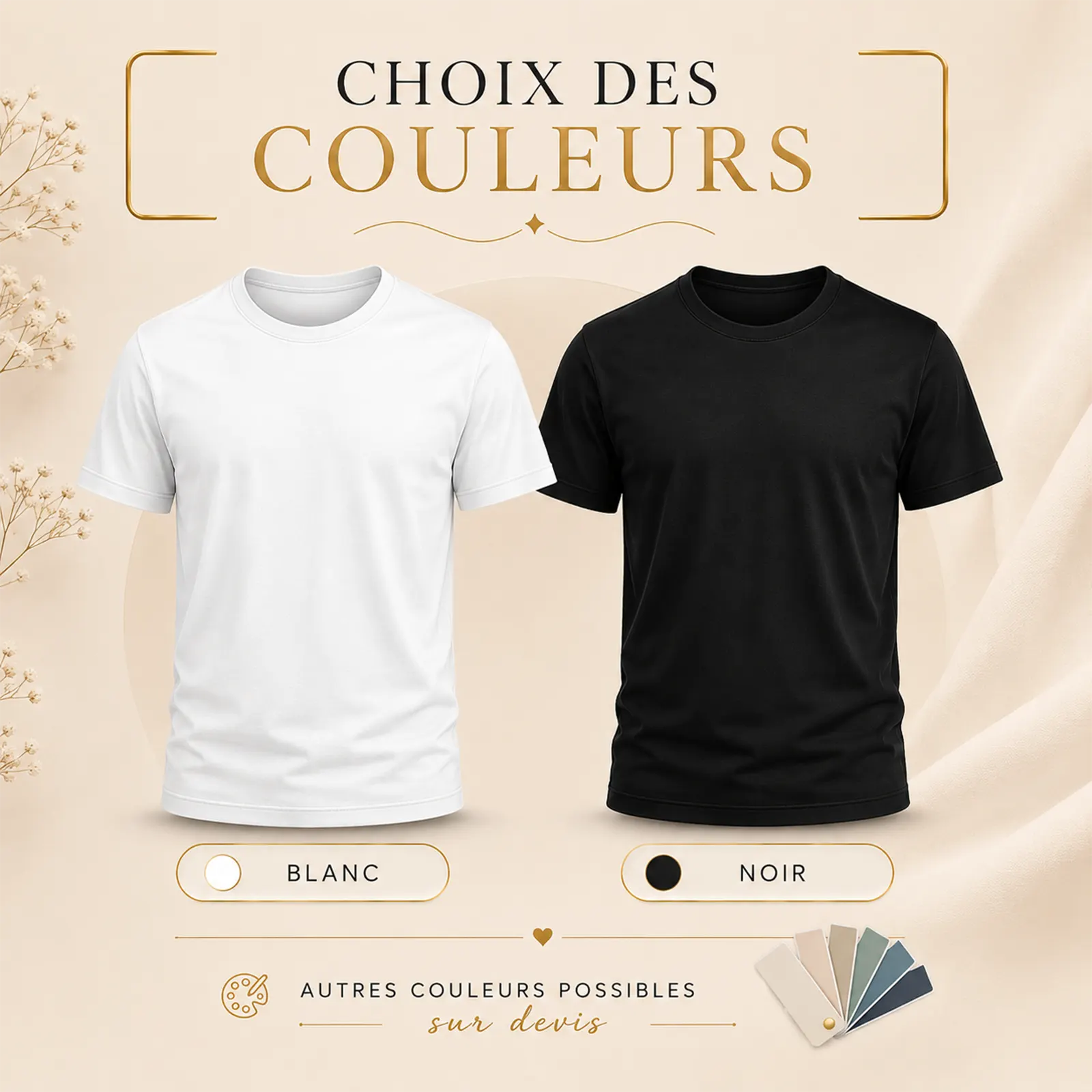 Tee-shirt à personnaliser proposé en deux coloris unis, un blanc et un noir, côte à côte