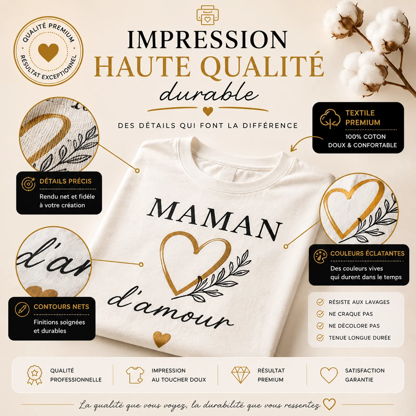Tee-shirt blanc plié imprimé d'un cœur doré et du texte « Maman d'amour », motif personnalisable
