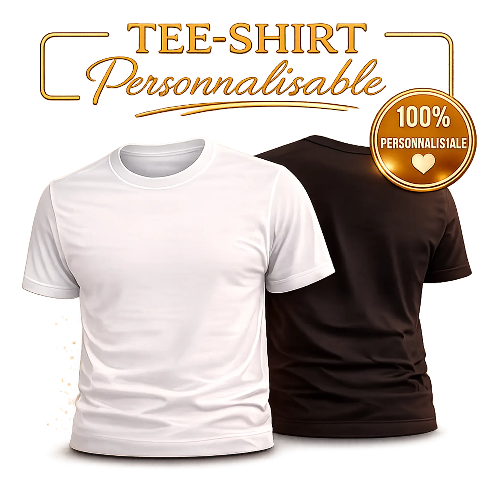 Deux tee-shirts unis à personnaliser par impression, un modèle blanc et un modèle brun foncé
