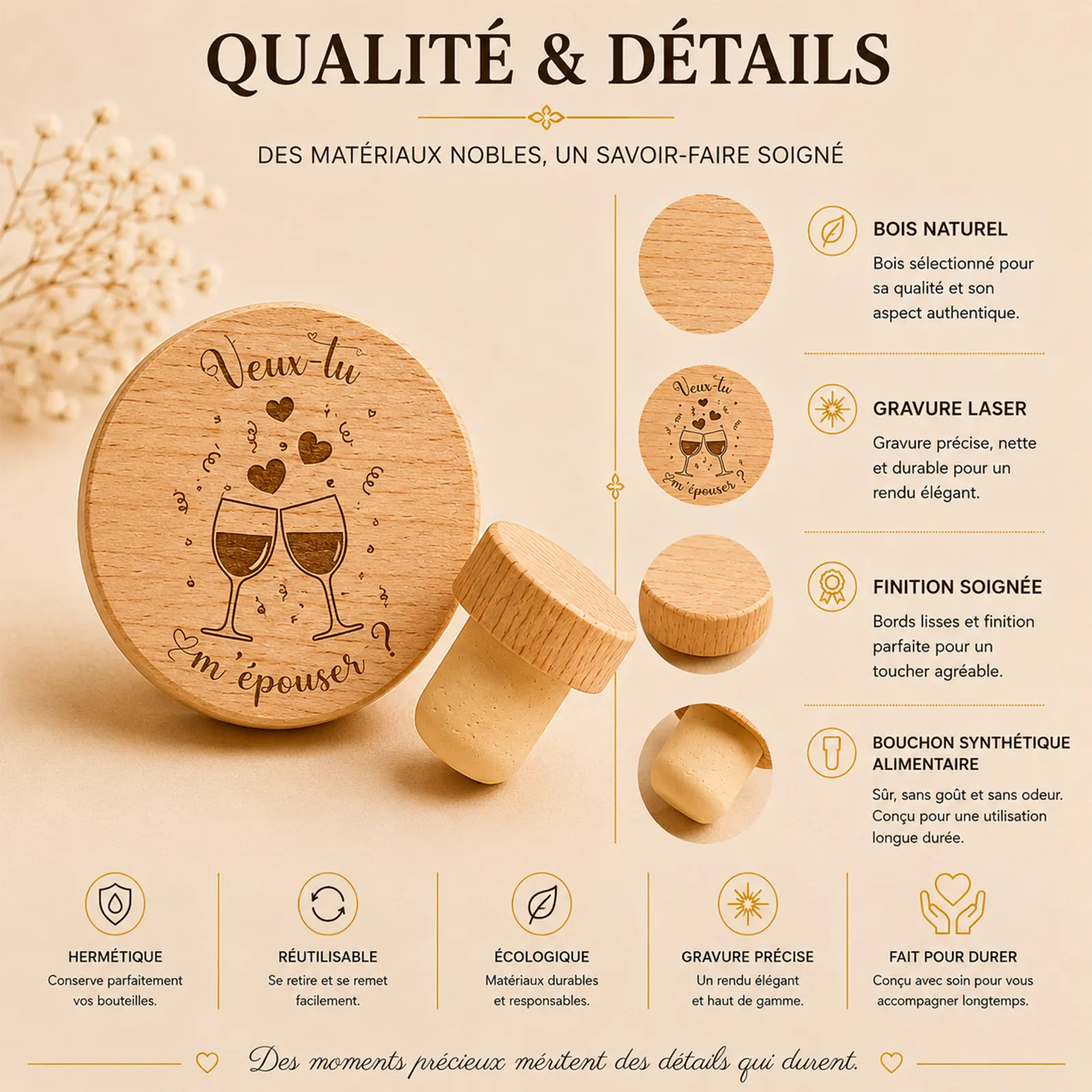Bouchon de bouteille en bois gravé de deux verres de vin qui trinquent, de cœurs et du texte Veux-tu m'épouser ?