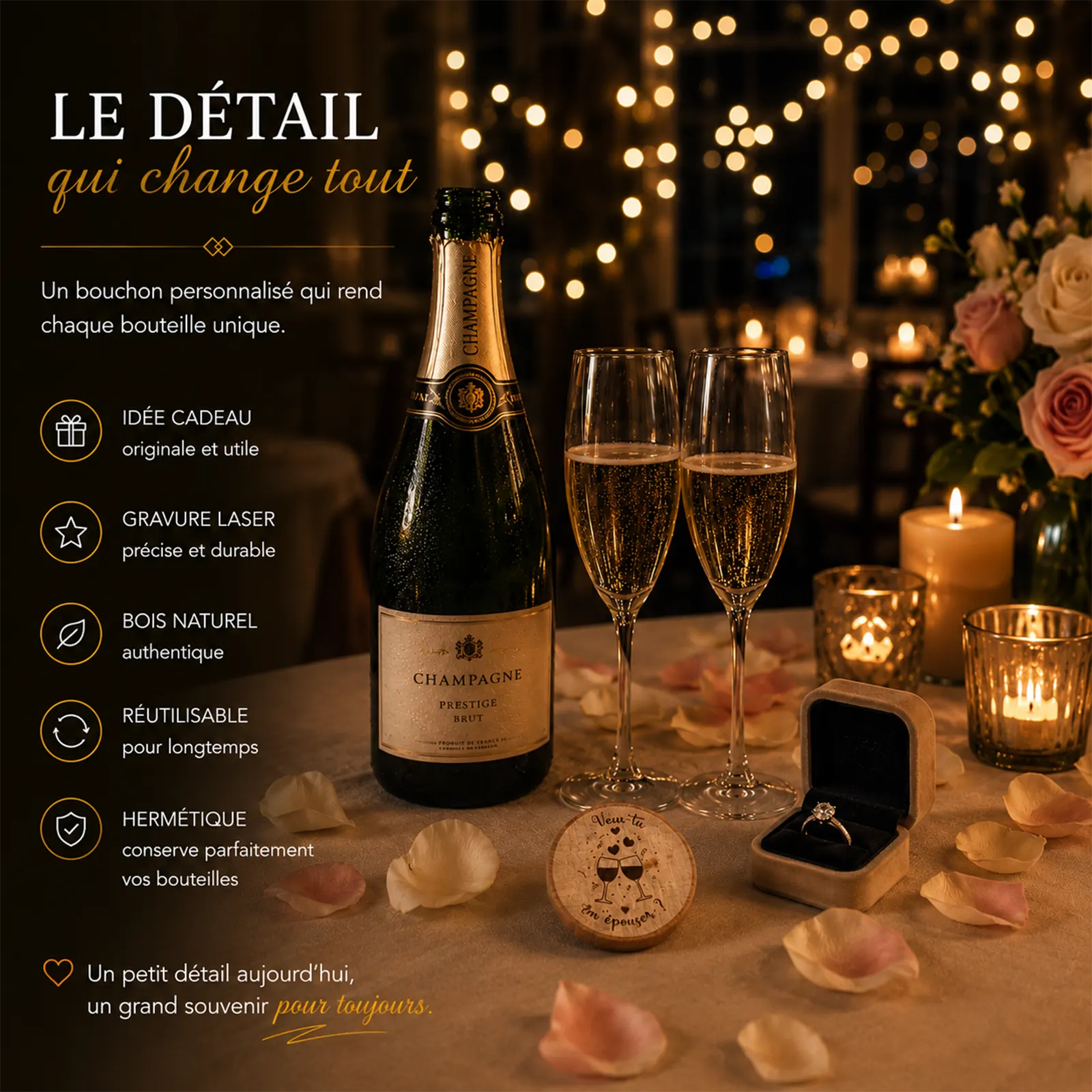 Bouchon en bois gravé Veux-tu m'épouser ? posé près d'une bouteille de champagne, deux flûtes et une bague de fiançailles