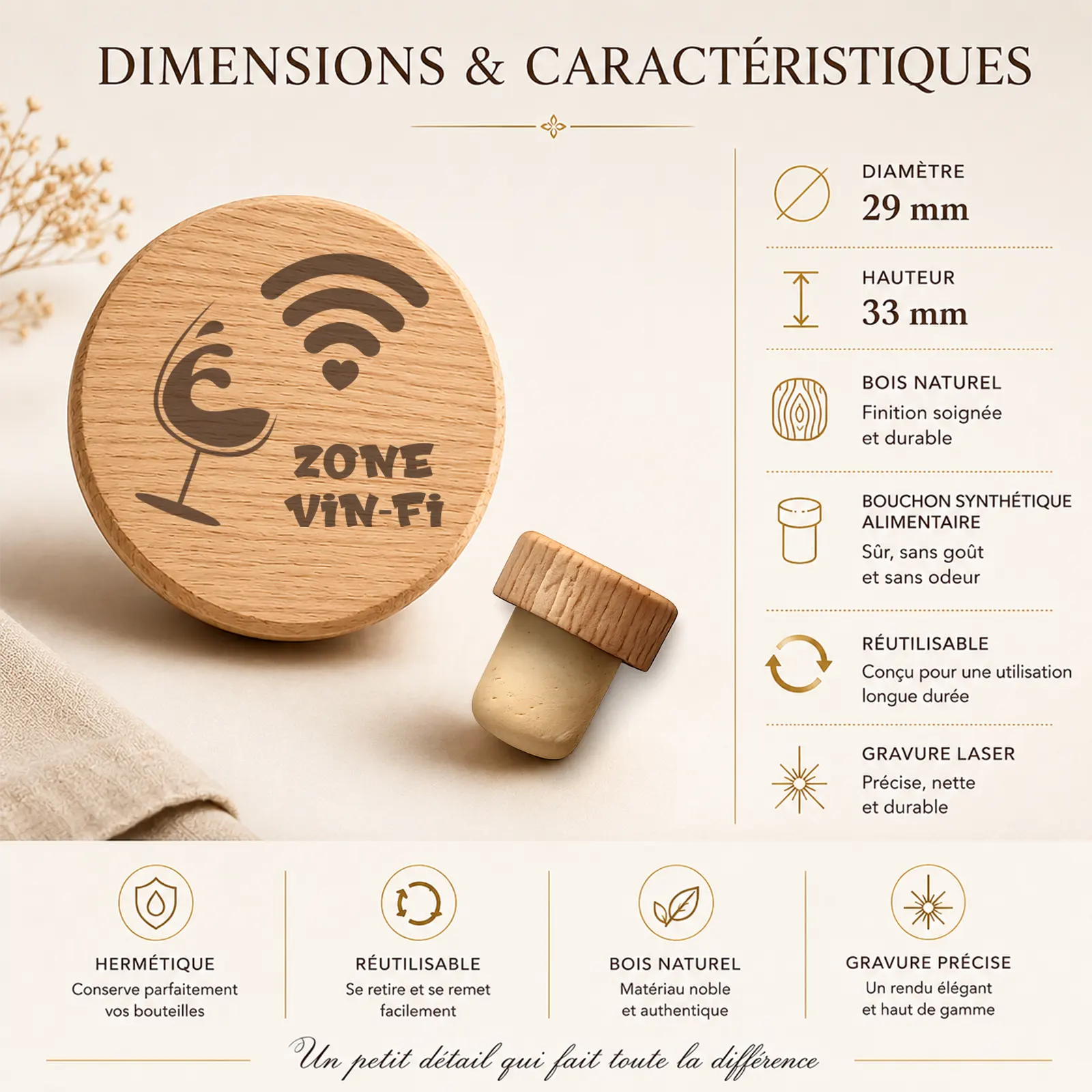 Dessus rond d'un bouchon en bois gravé d'un verre de vin, d'un symbole wifi et du texte Zone Vin-Fi