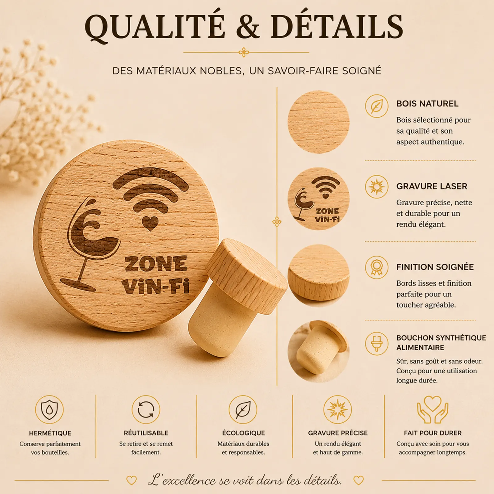 Bouchon de bouteille en bois gravé d'un verre de vin, d'un symbole wifi et du texte Zone Vin-Fi