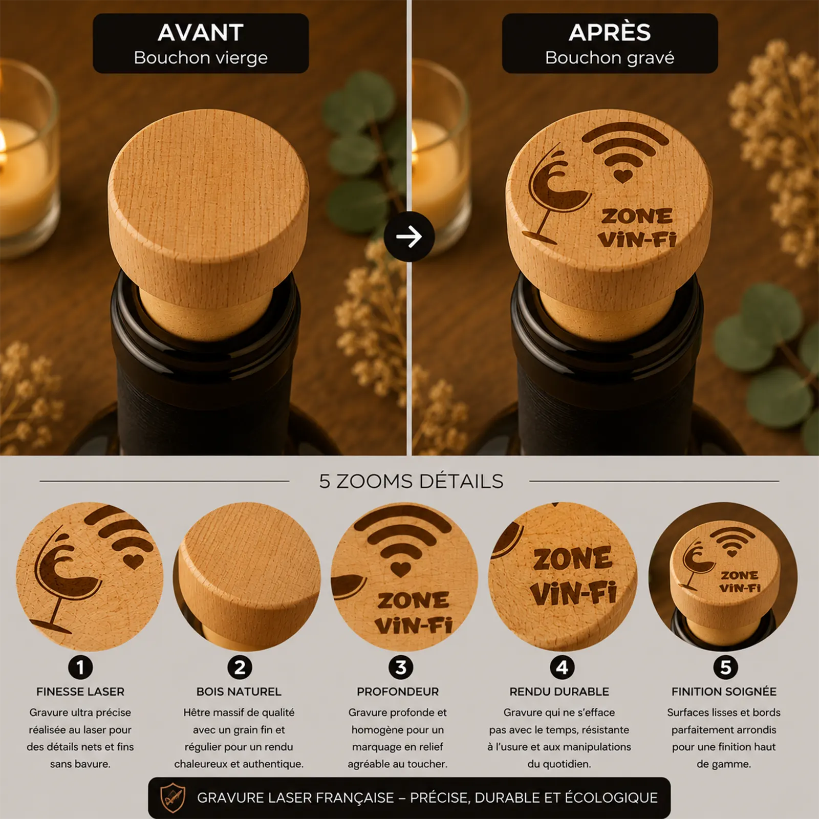 Comparatif avant après d'un bouchon en bois, vierge puis gravé d'un verre, d'un symbole wifi et du texte Zone Vin-Fi