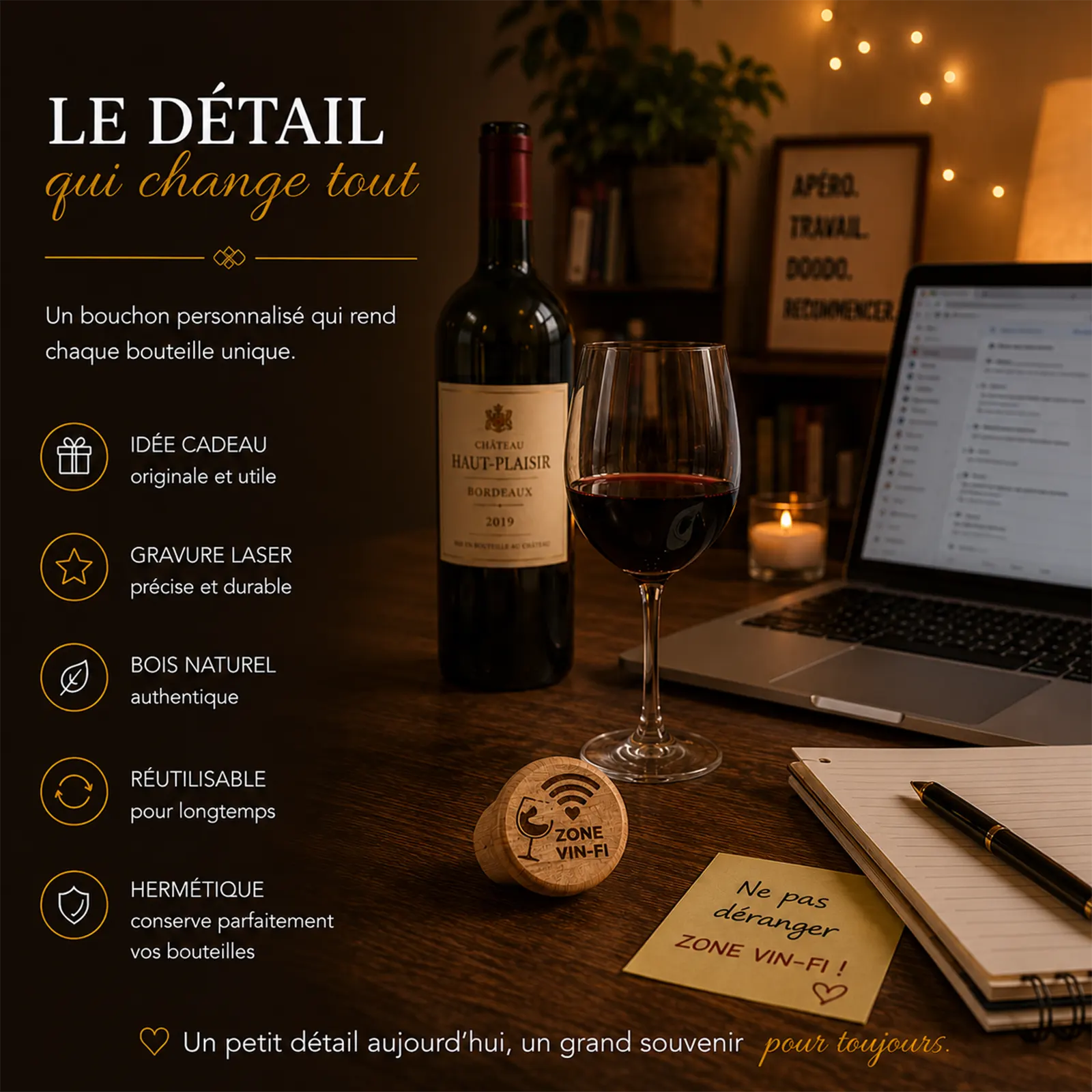 Bouchon en bois gravé Zone Vin-Fi posé sur un bureau près d'une bouteille de vin rouge et d'un ordinateur portable