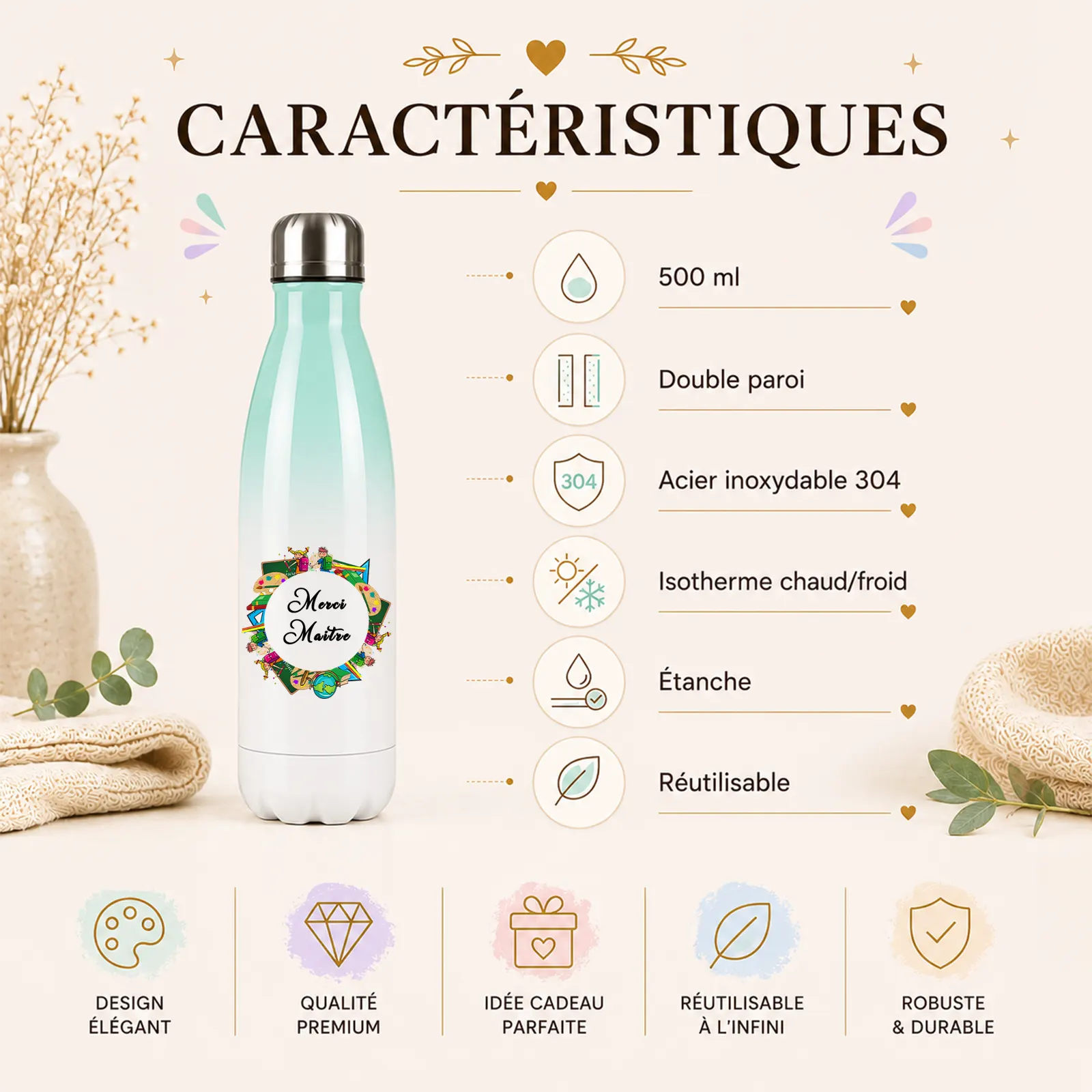 Bouteille isotherme dégradé menthe et blanc, imprimée d'une couronne de fournitures scolaires et du texte Merci Maître