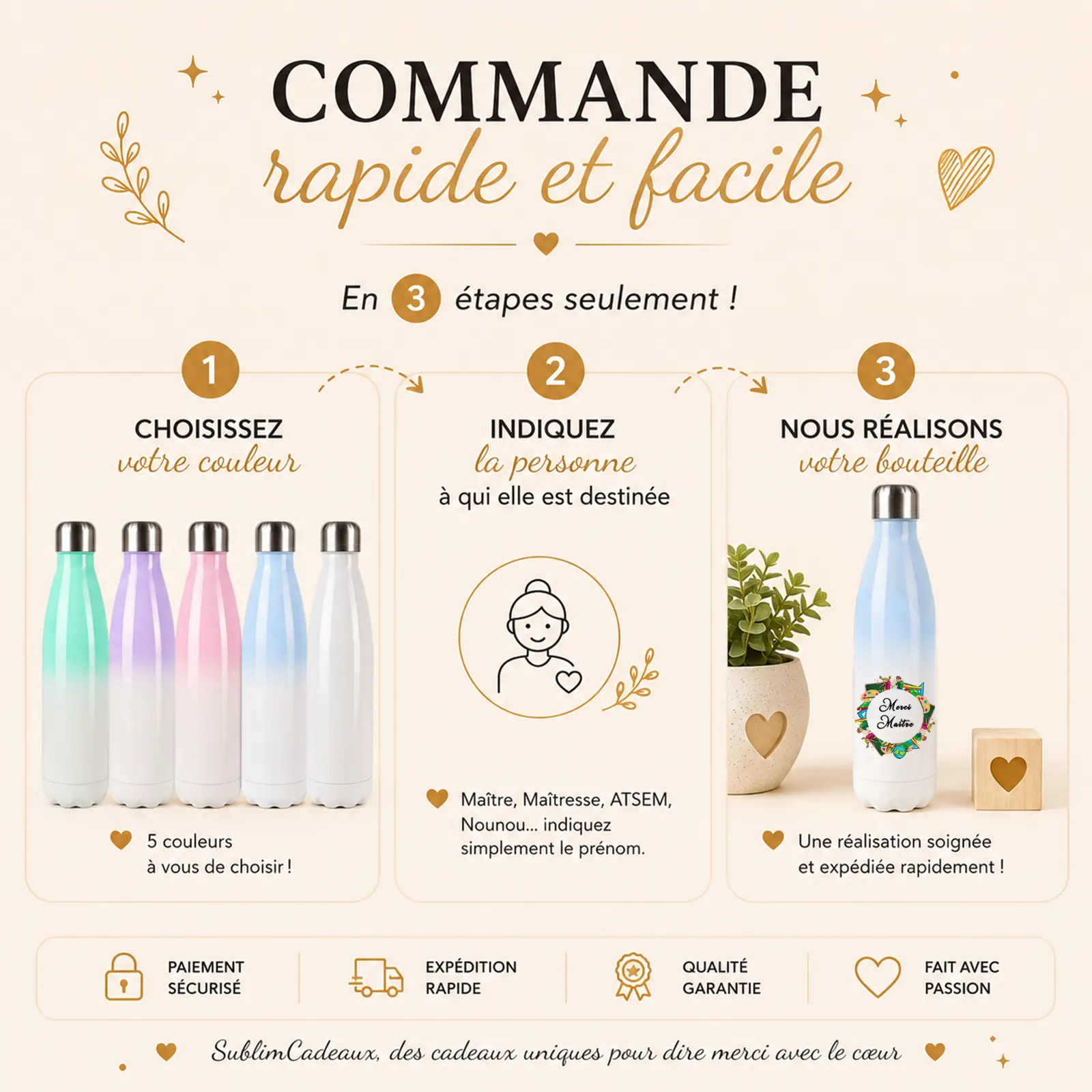 Infographie de commande en trois étapes avec cinq bouteilles isothermes pastel et une bouteille imprimée Merci Maître