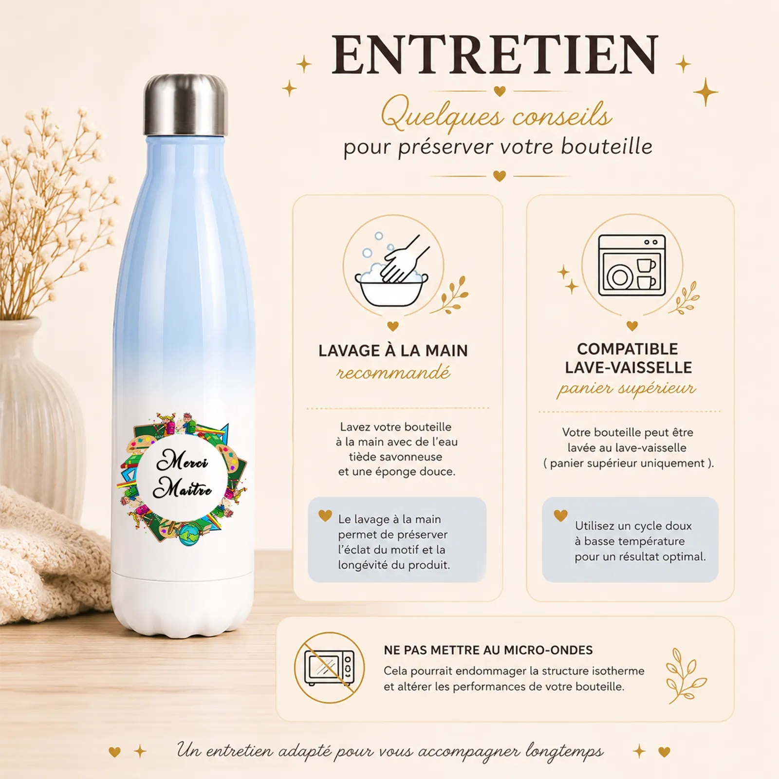 Bouteille isotherme dégradé bleu et blanc imprimée du texte Merci Maître dans une couronne de fournitures scolaires