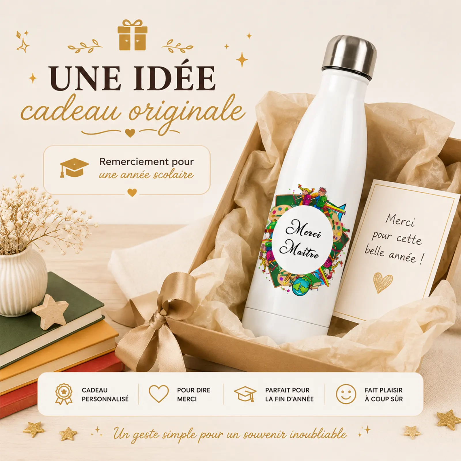 Bouteille isotherme blanche imprimée du texte Merci Maître dans un coffret cadeau avec une carte de remerciement et des livres