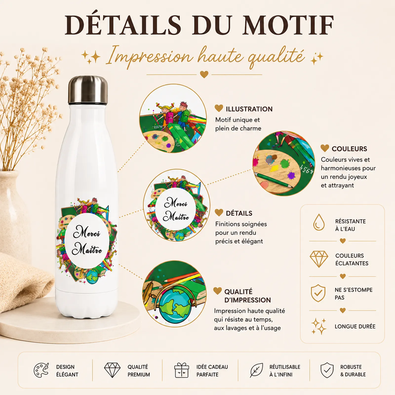 Bouteille isotherme blanche imprimée du texte Merci Maître dans une couronne colorée de fournitures scolaires