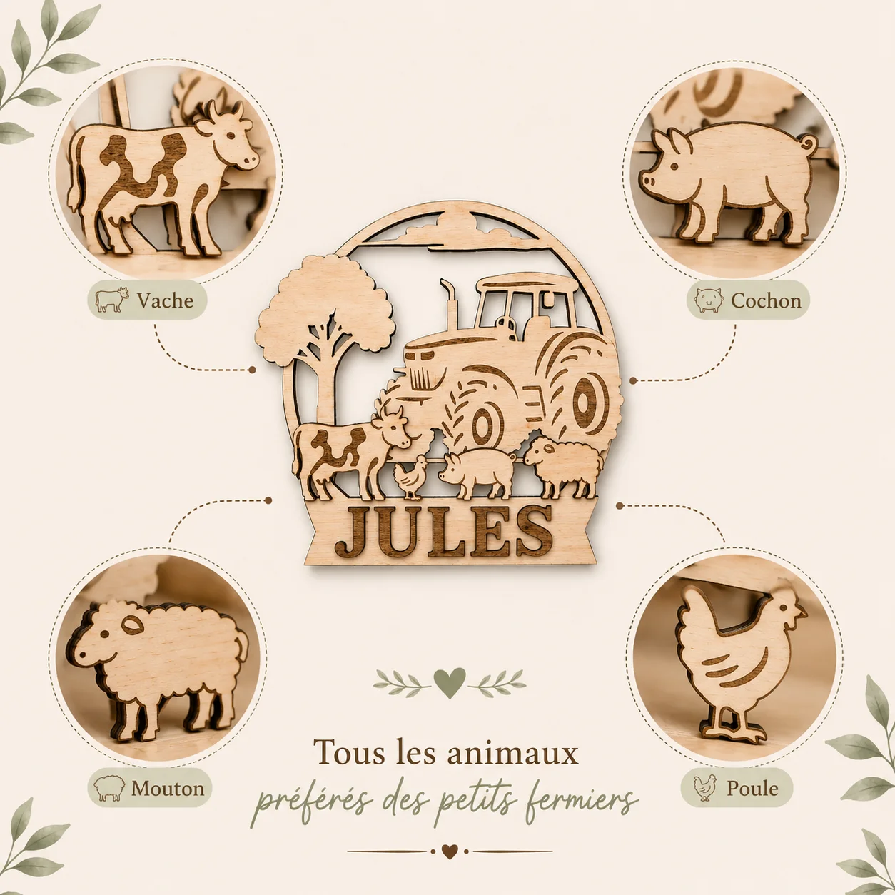 Plaque prénom personnalisée en bois – Tracteur & Animaux de la ferme – Image 7
