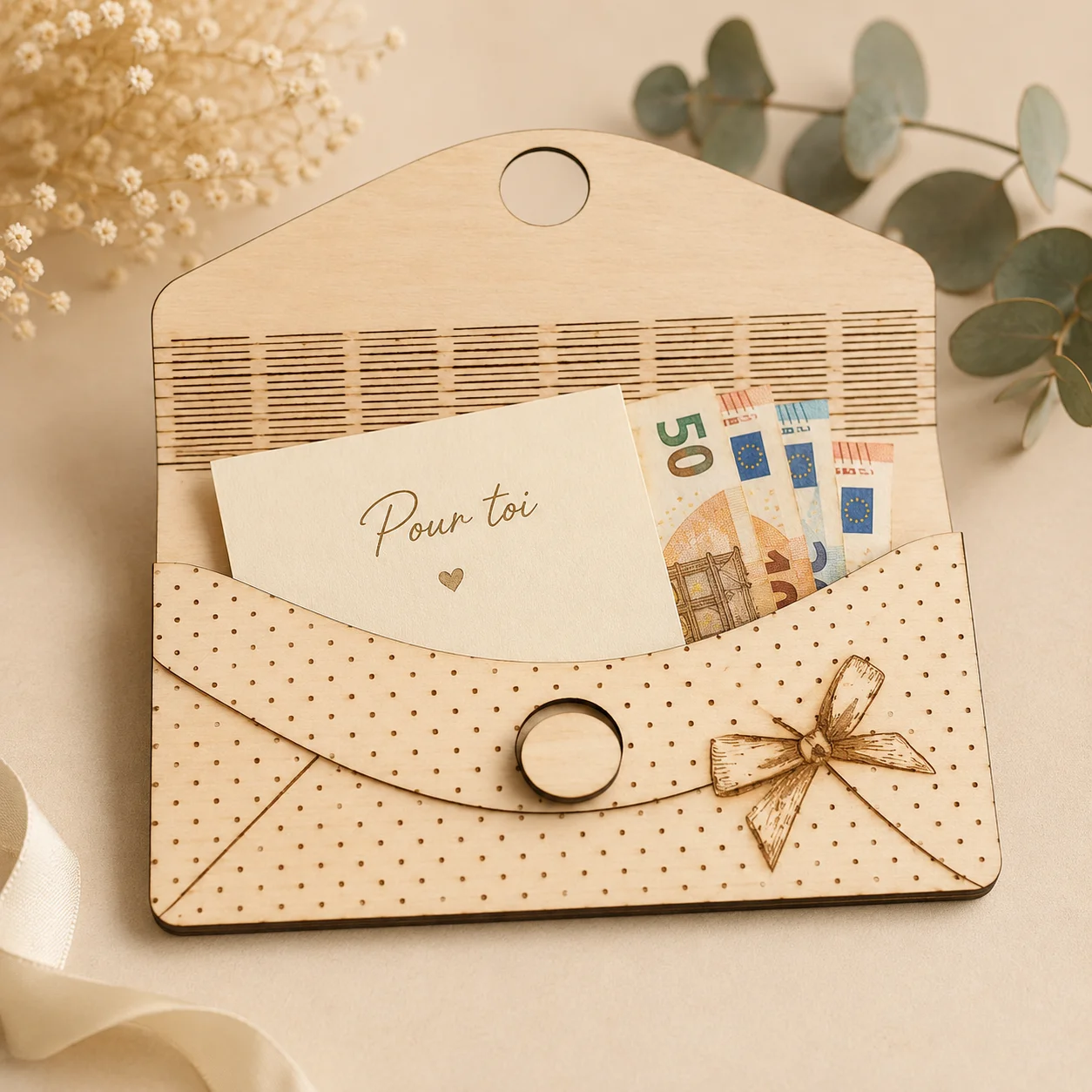 Enveloppe cadeau en bois personnalisée – Ruban & nœud – Image 2