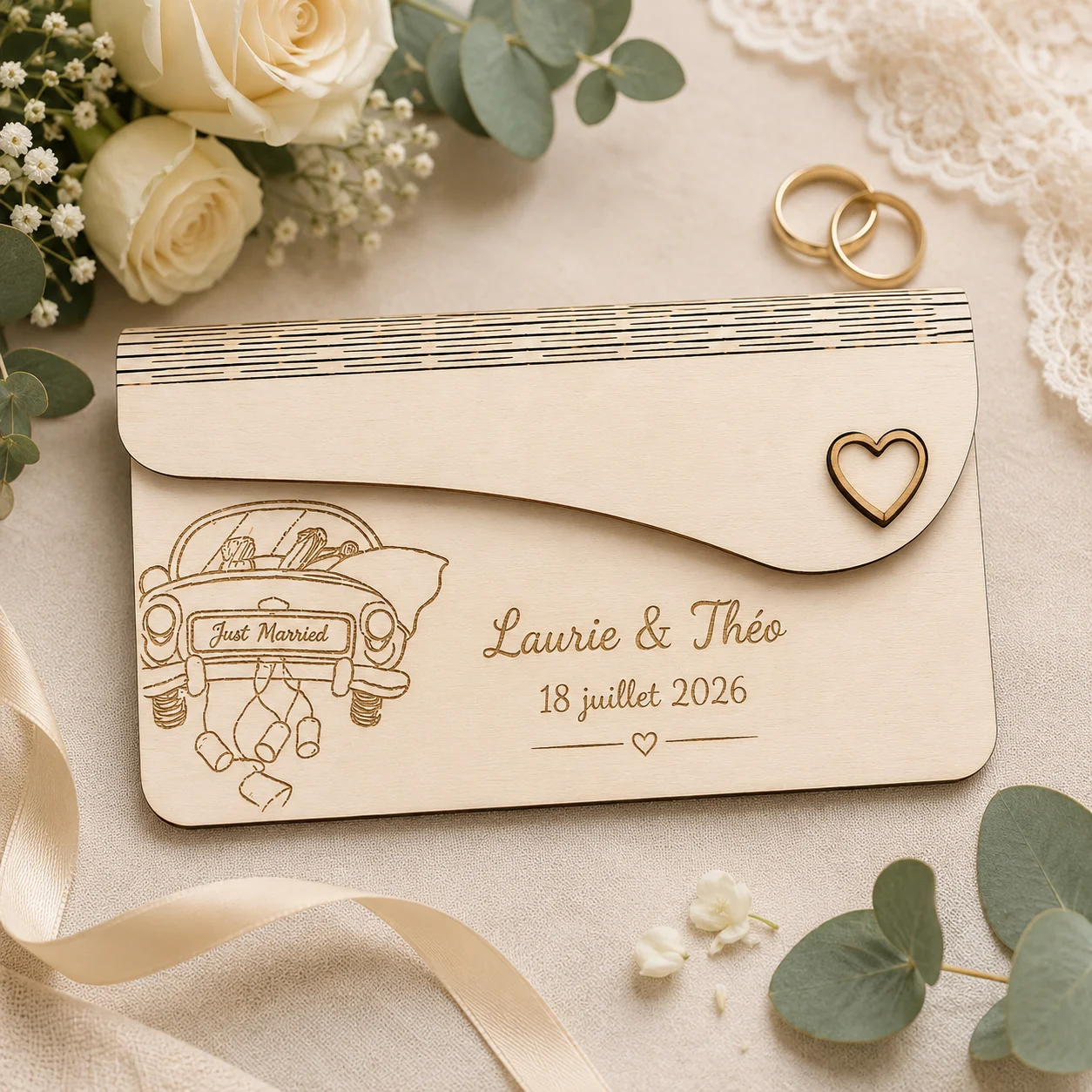 Enveloppe en bois personnalisée pour mariage – Voiture des mariés – Image 3