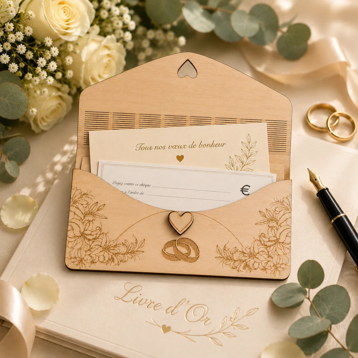 Porte-chèque mariage personnalisé en bois – Alliances & fleurs – Image 2