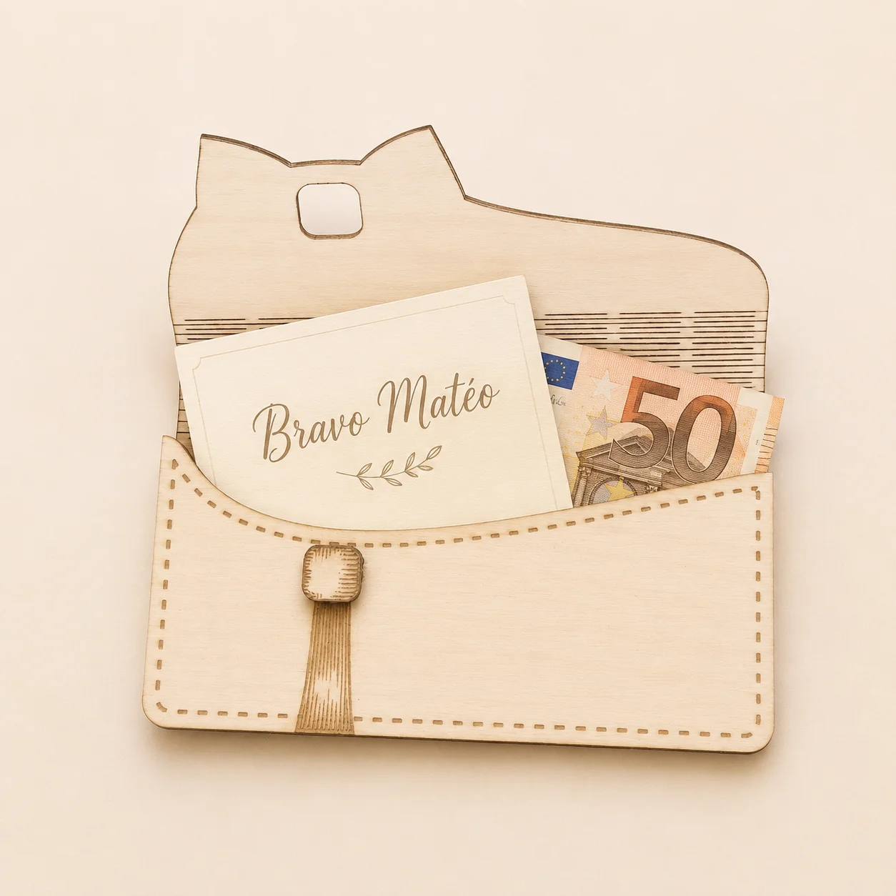 Enveloppe cadeau en bois personnalisée avec ruban gravé – Image 2