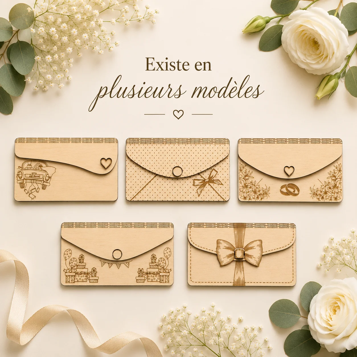 Enveloppe cadeau en bois personnalisée avec ruban gravé – Image 7