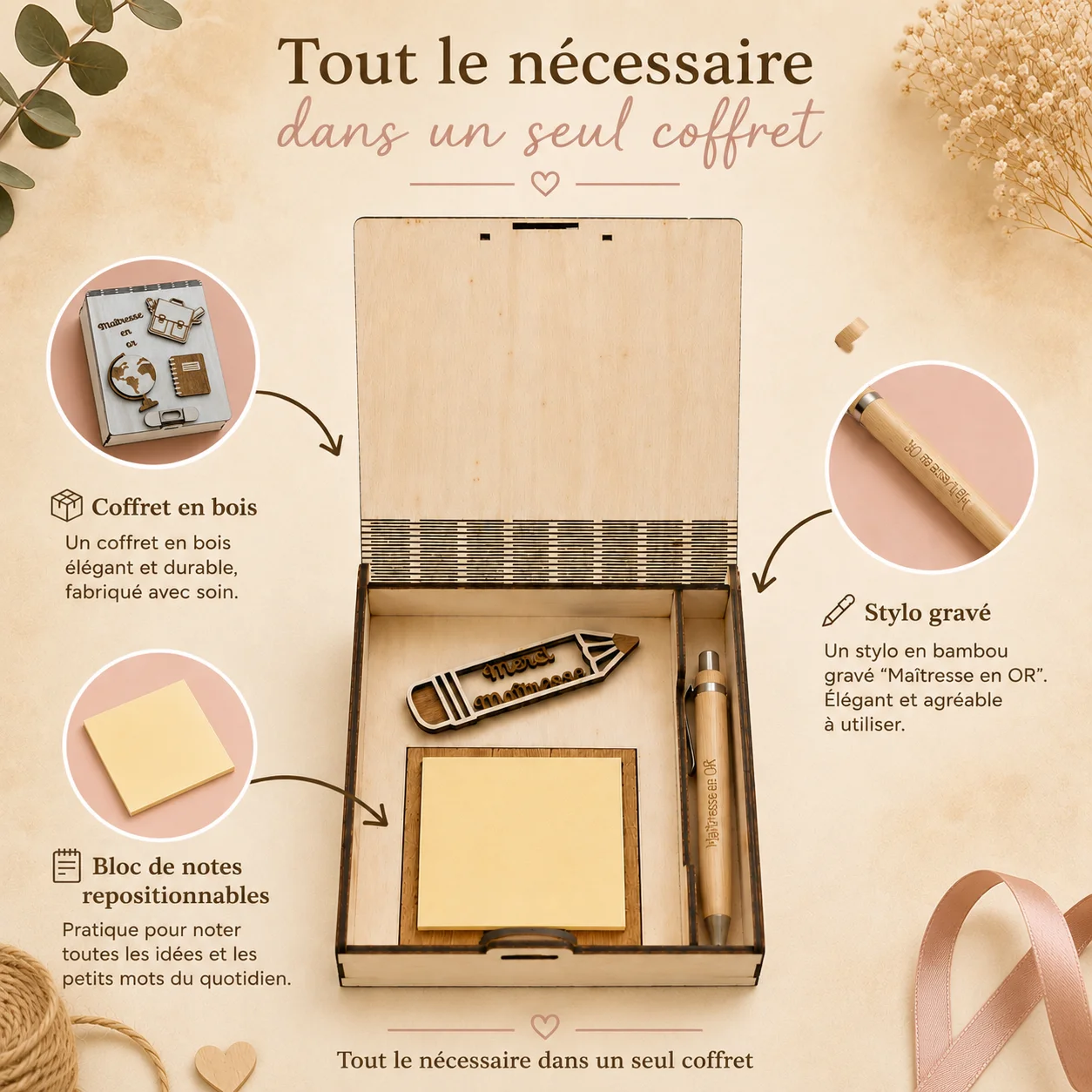 Coffret personnalisé Maître ou Maîtresse en bois – Cadeau de fin d'année avec bloc-notes et stylo – Image 5