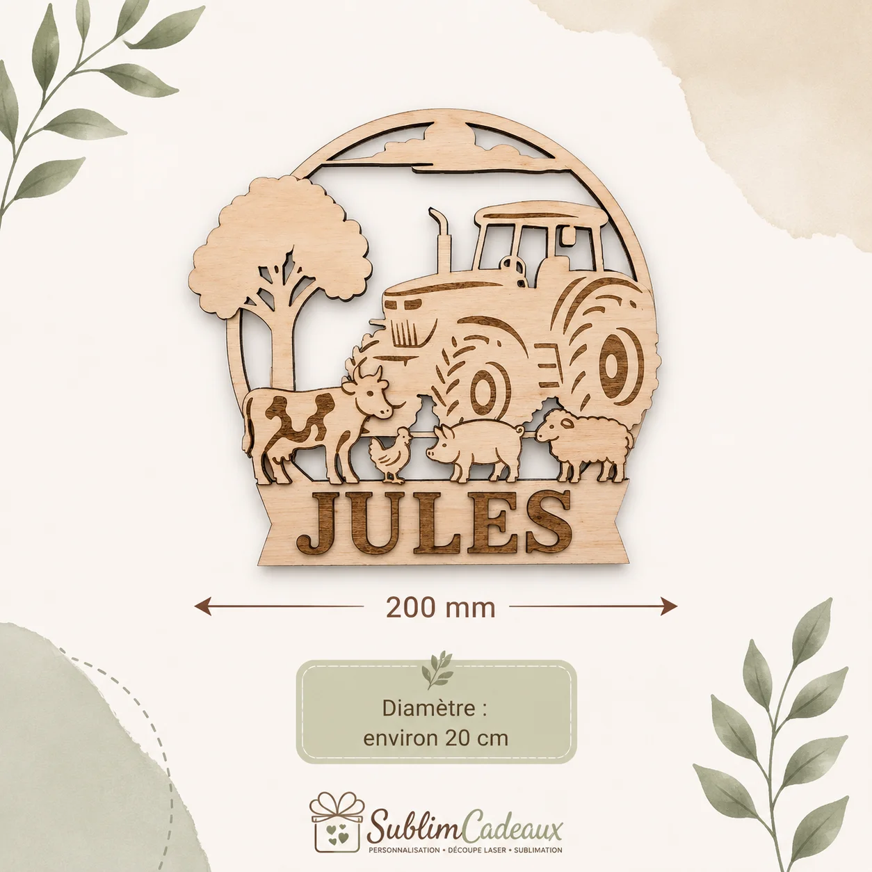 Plaque prénom personnalisée en bois – Tracteur & Animaux de la ferme – Image 4
