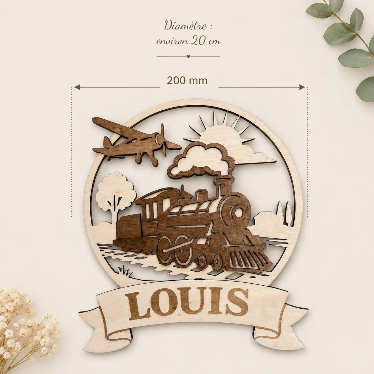 Plaque prénom personnalisée en bois – Train & Avion – Décoration chambre enfant – Image 5