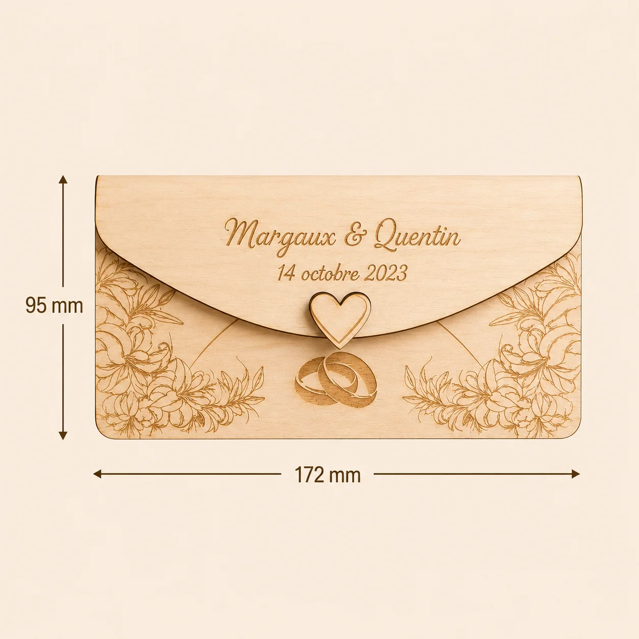 Porte-chèque mariage personnalisé en bois – Alliances & fleurs – Image 4
